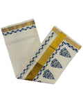 Southloom Cotton Kerala Kasavu Saree with Blue and Black Block Prints On Border