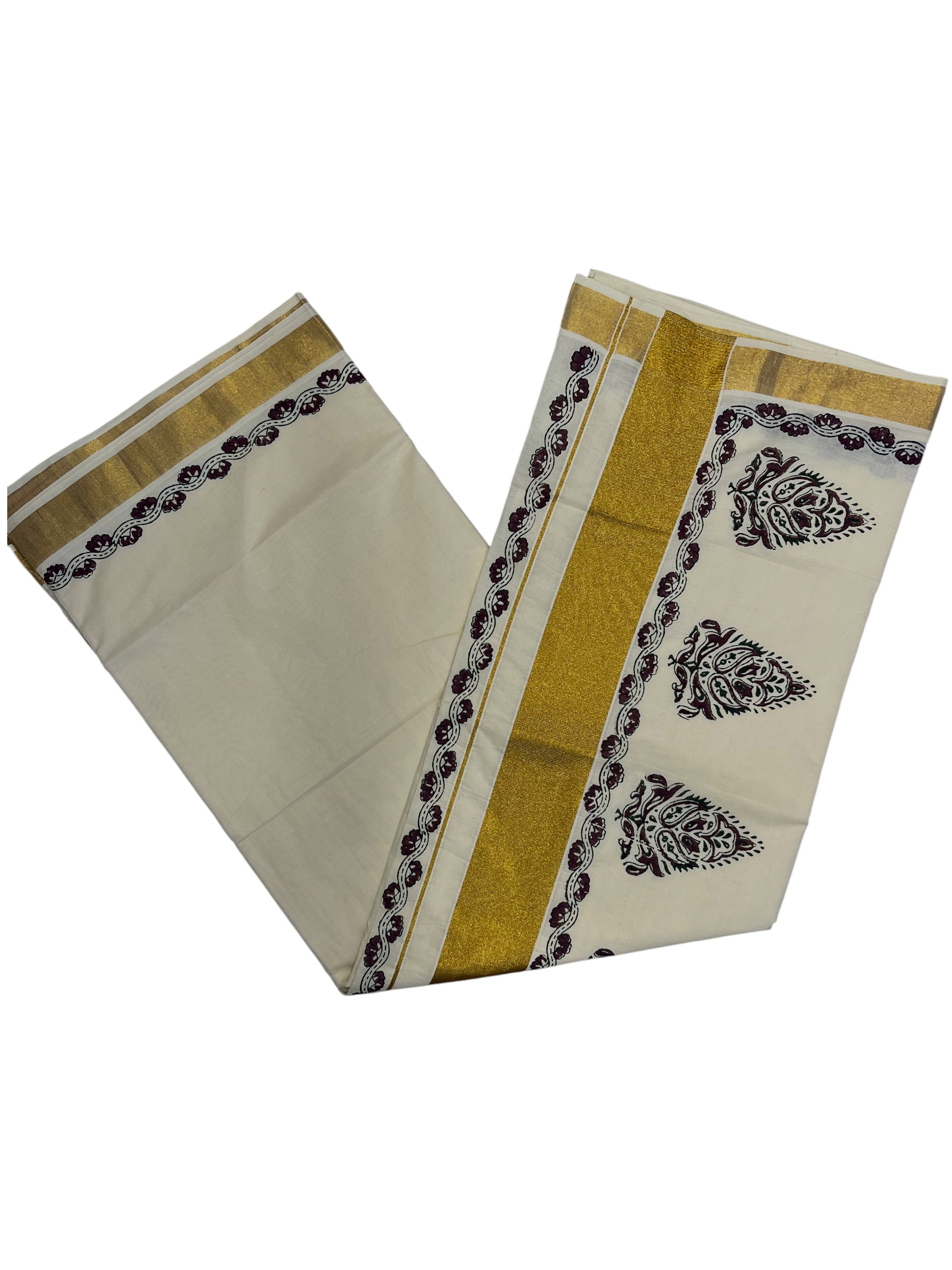 Southloom Cotton Kerala Kasavu Saree with Purple and Green Block Prints On Border
