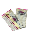 Southloom Tissue Kerala Kasavu Saree with Block Print on Body in Pink