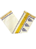 Southloom Cotton Kerala Kasavu Saree with Purple and Blue Block Prints On Border