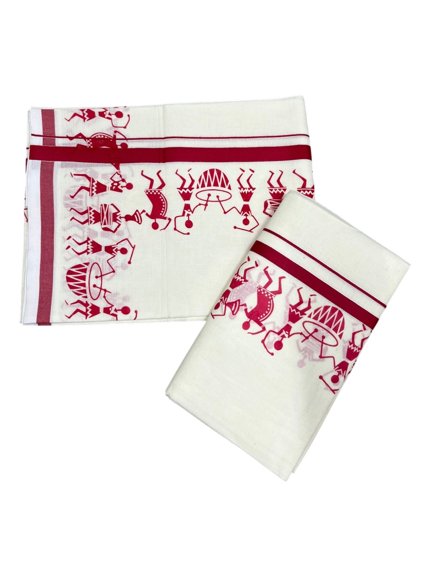Southloom Pure Cotton Kerala Single Warly Print Set Mundu Red Border (2.80 Mtrs) SL246