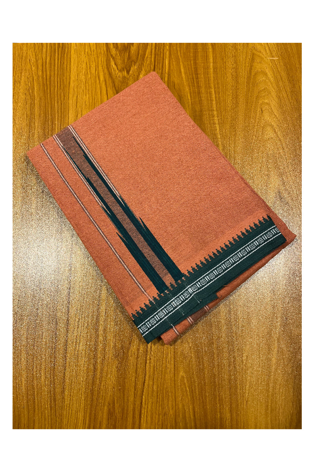 Southloom Saffron Kaavi Green Printed Single Mundu Lungi