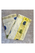 Southloom Kerala Tissue Saree with Green And Blue Lotus Block Prints On Kasavu Border