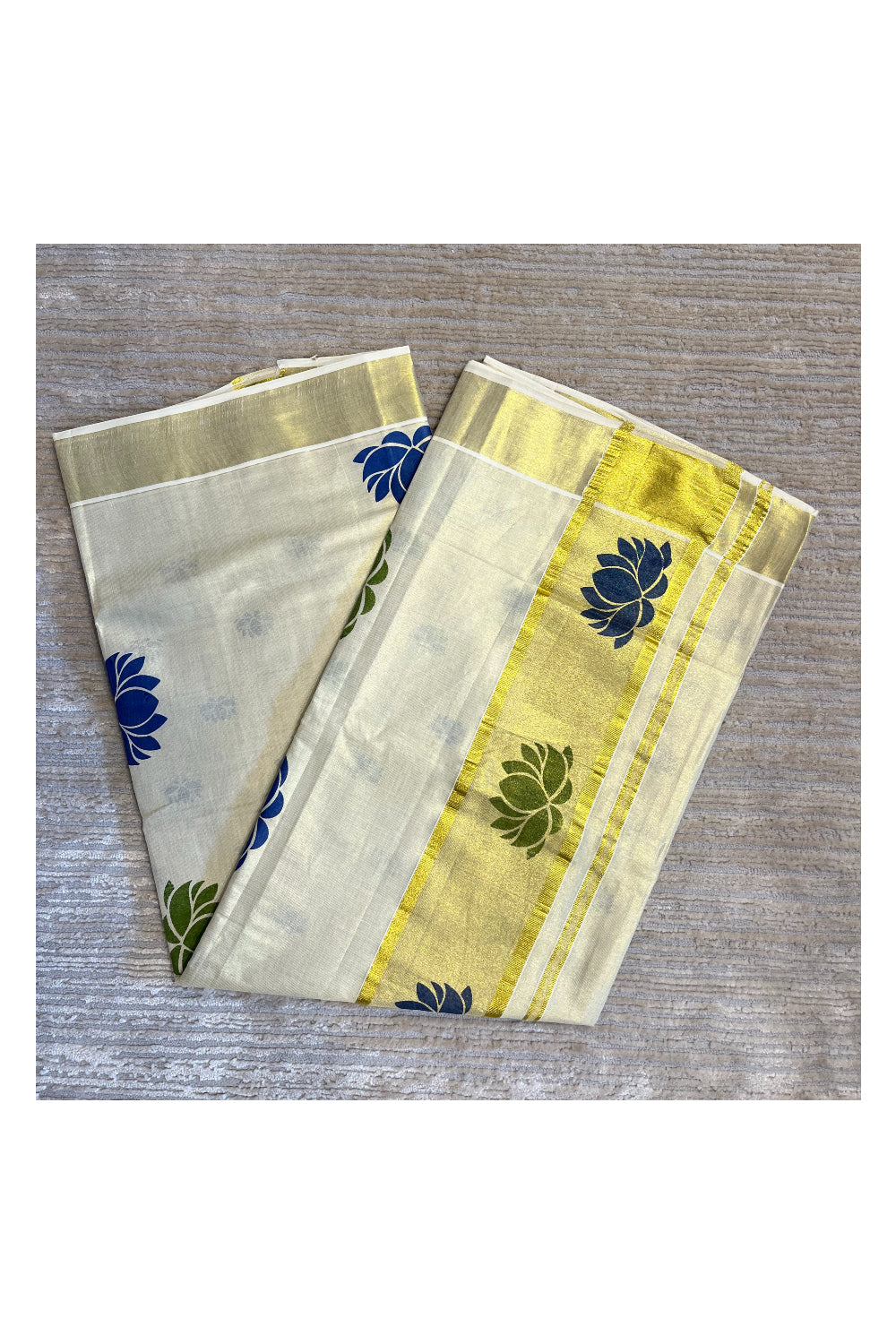 Southloom Kerala Tissue Saree with Green And Blue Lotus Block Prints On Kasavu Border