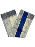 Southloom Tissue Kerala Kasavu Saree with Blue Block Print on Body and Borders Style 1