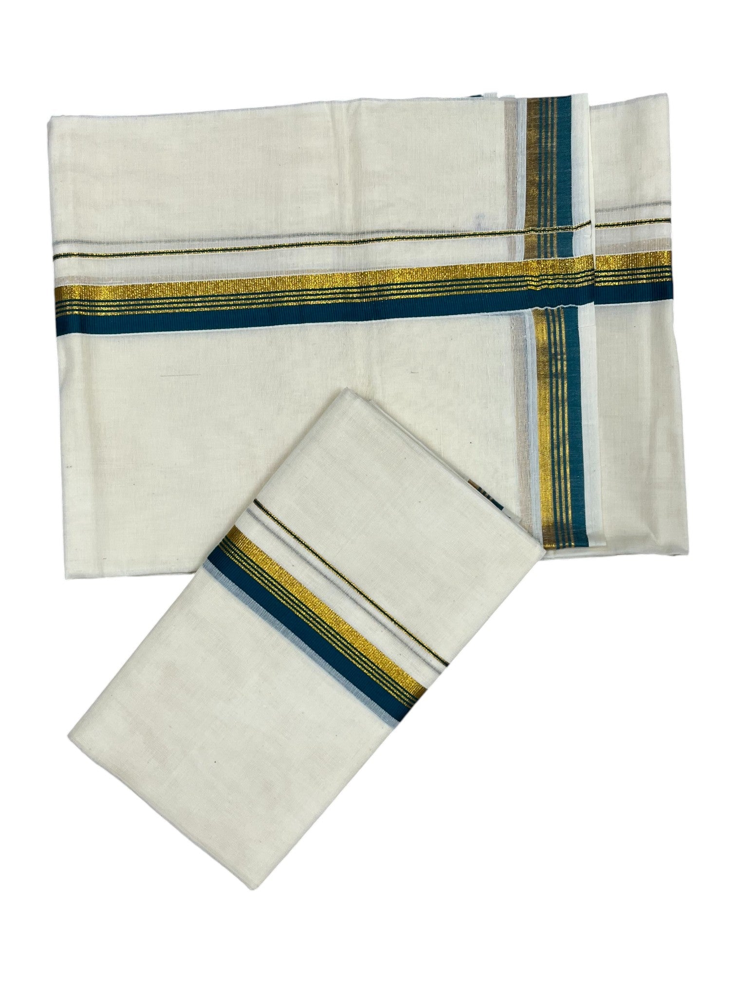 Pure Cotton Kerala Single Set Mundu with Peacock Green Kasavu Border Style 3 (2.80 Mtrs)