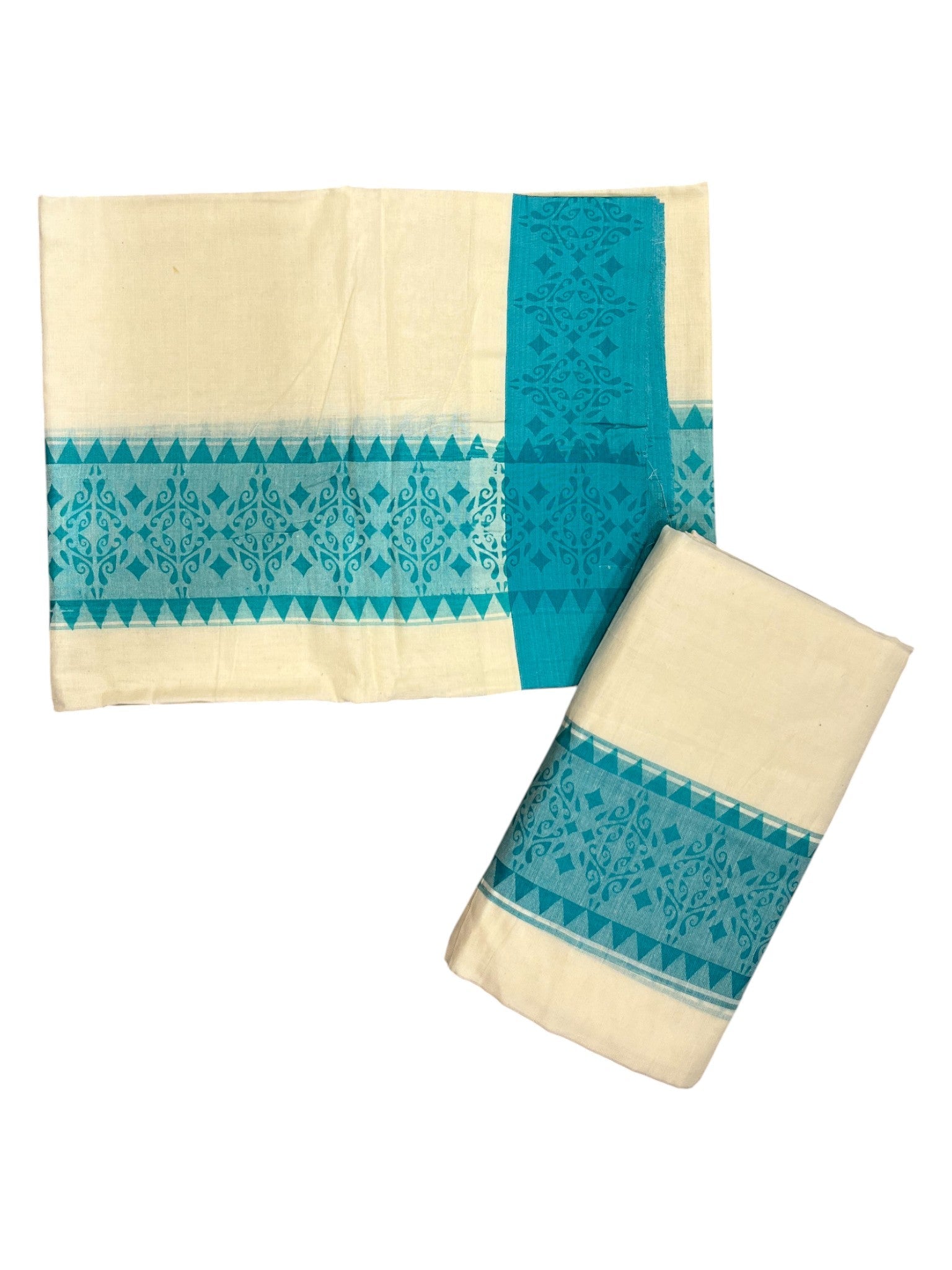 Kerala Cotton Single Set Mundu with Turquoise Temple Block Printed Border (2.80 Mtrs) Style 2