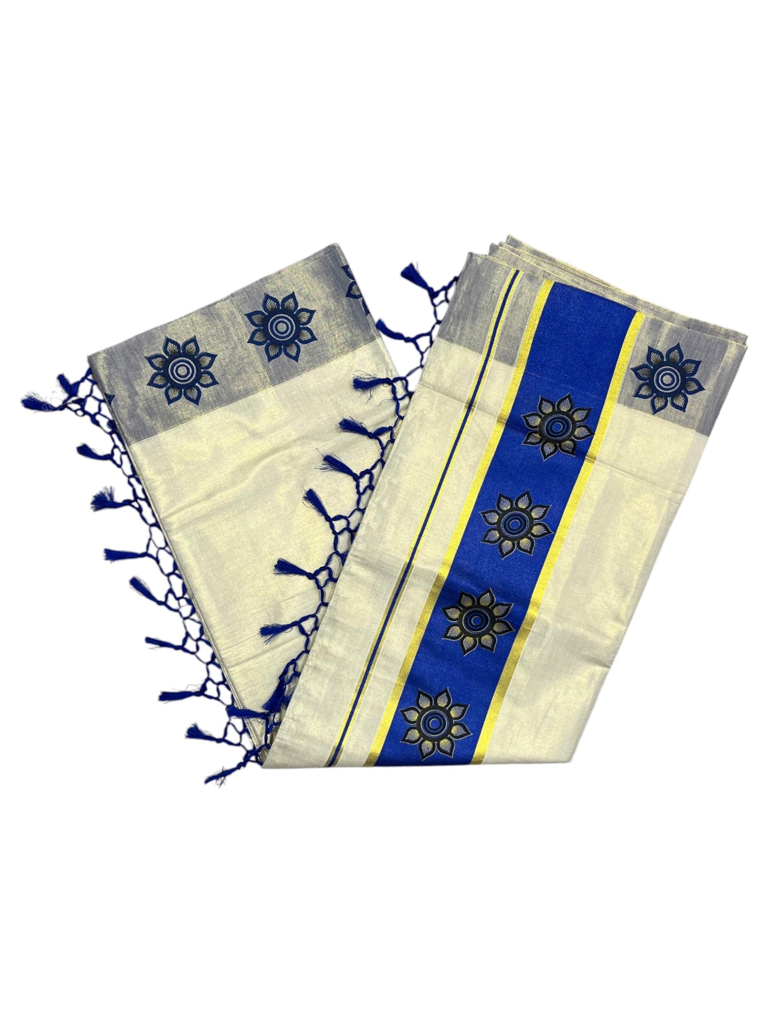 Southloom Kerala Tissue Kasavu Saree with Floral Block Prints in Blue Border Style 1