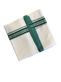 Southloom Premium Handloom Cotton Double Mundu with Green And Silver Line Border