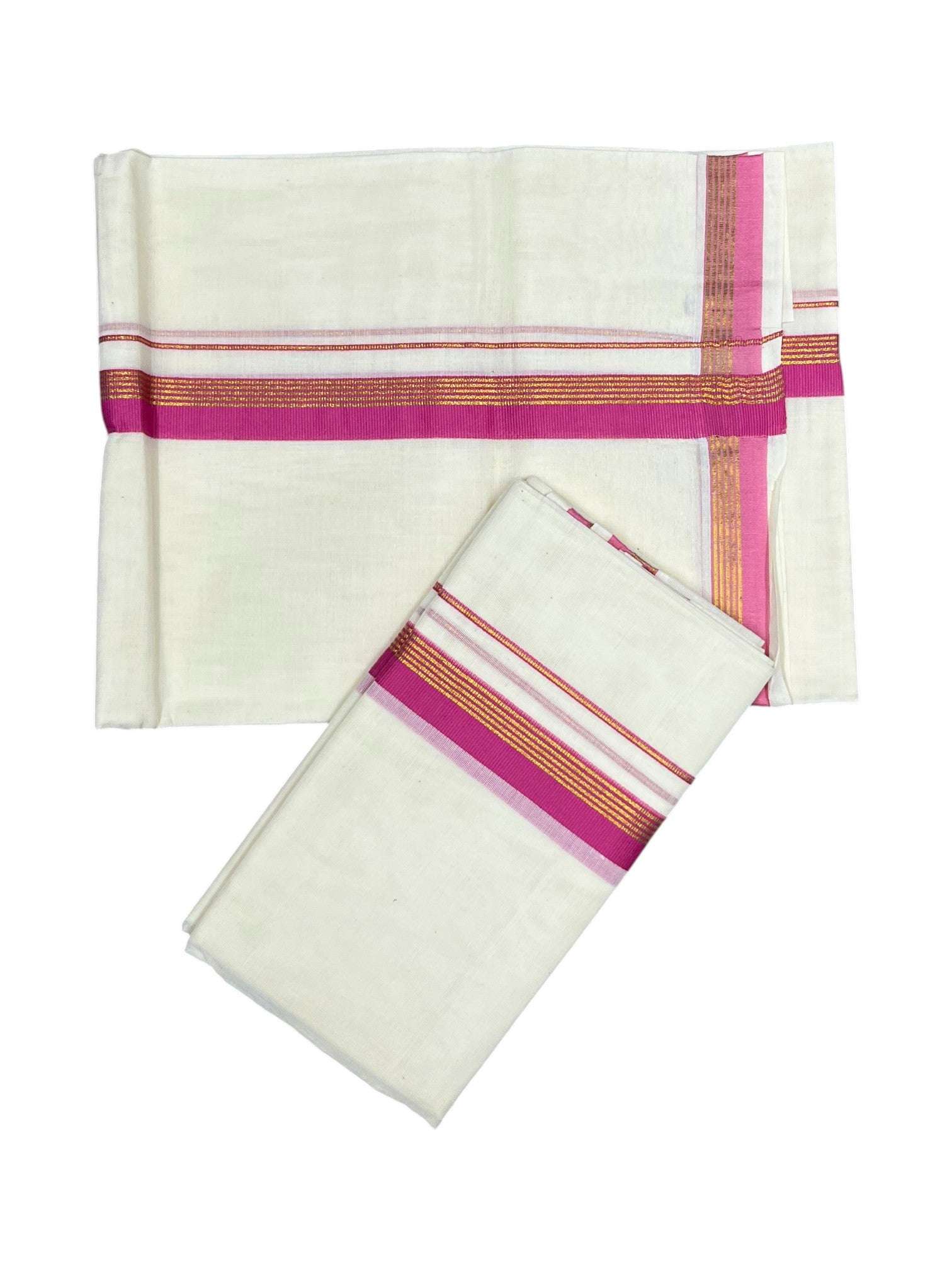 Pure Cotton Kerala Single Set Mundu with Pink Kasavu Border Style 4 (2.80 Mtrs)