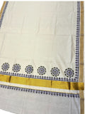 Southloom Cotton Kerala Kasavu Saree with Green and Violet Block Prints On Border Style 2
