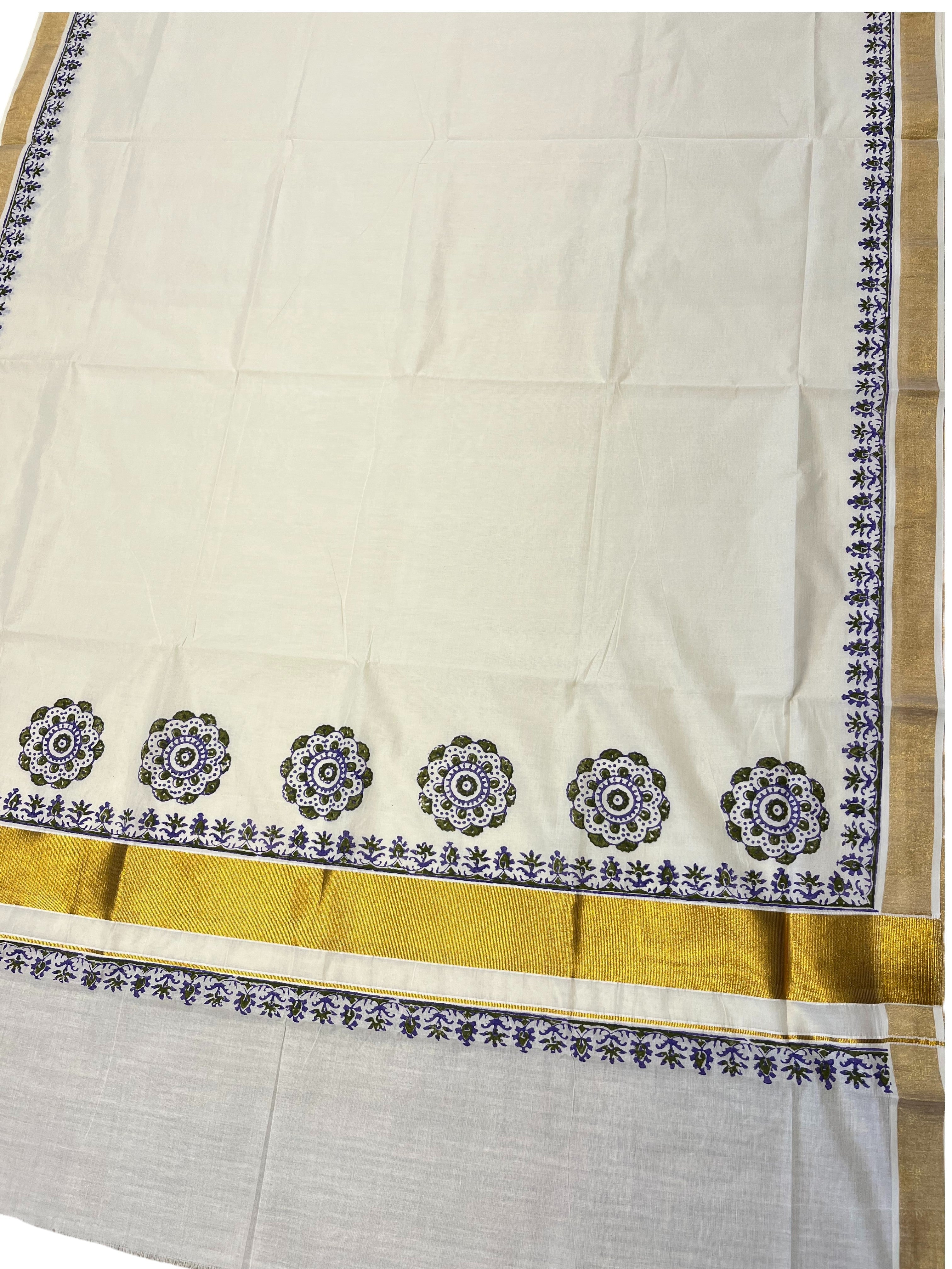 Southloom Cotton Kerala Kasavu Saree with Green and Violet Block Prints On Border Style 2