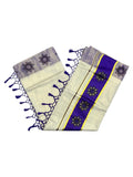 Southloom Kerala Tissue Kasavu Saree with Floral Block Prints in Blue Border Style 2