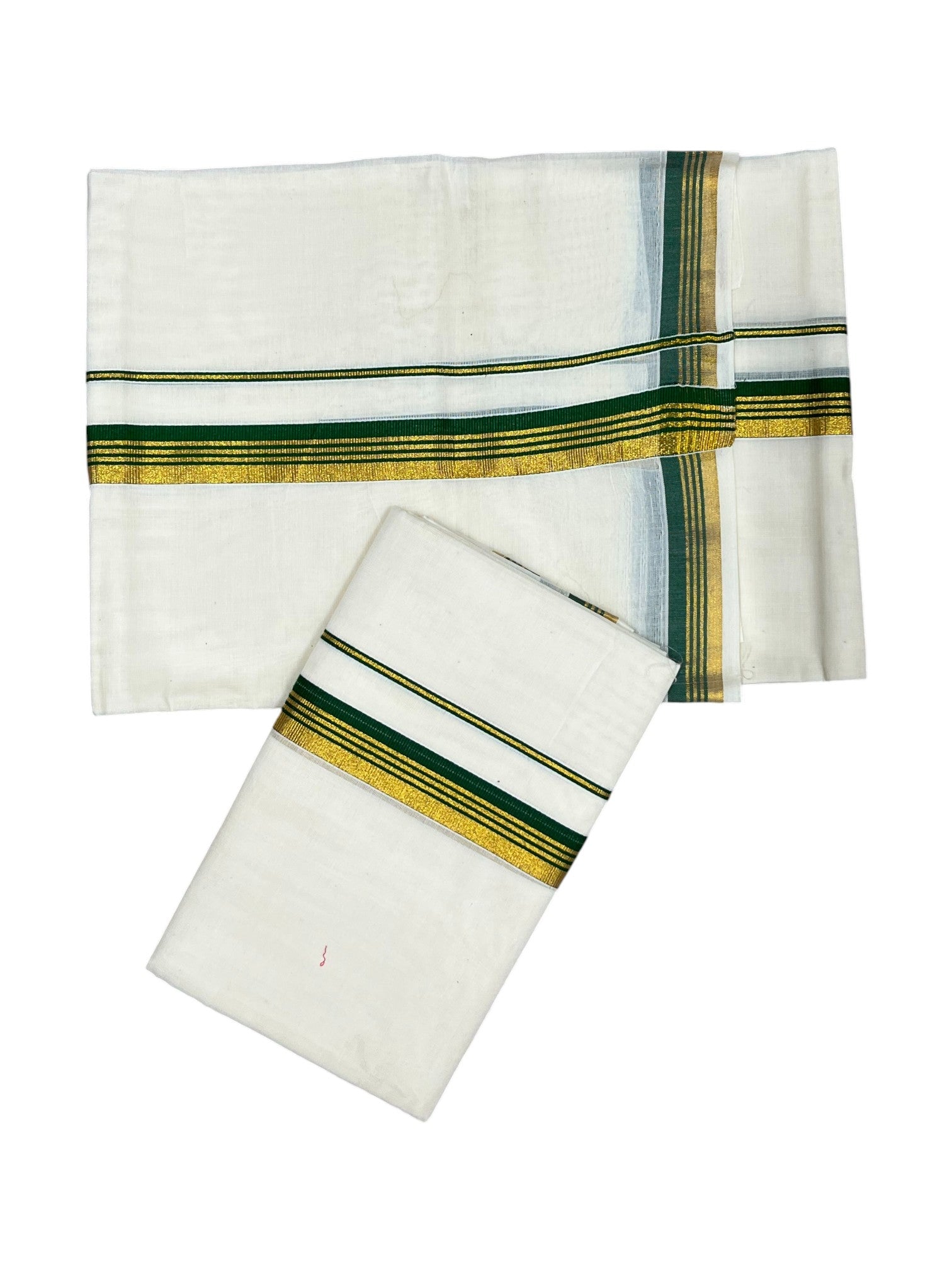 Pure Cotton Kerala Single Set Mundu with Green Kasavu Border Style 3 (2.80 Mtrs)