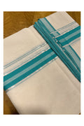 Premium Balaramapuram Handloom Unakkupaavu 1 inch Double Mundu with Kasavu and Green Kara Style 2