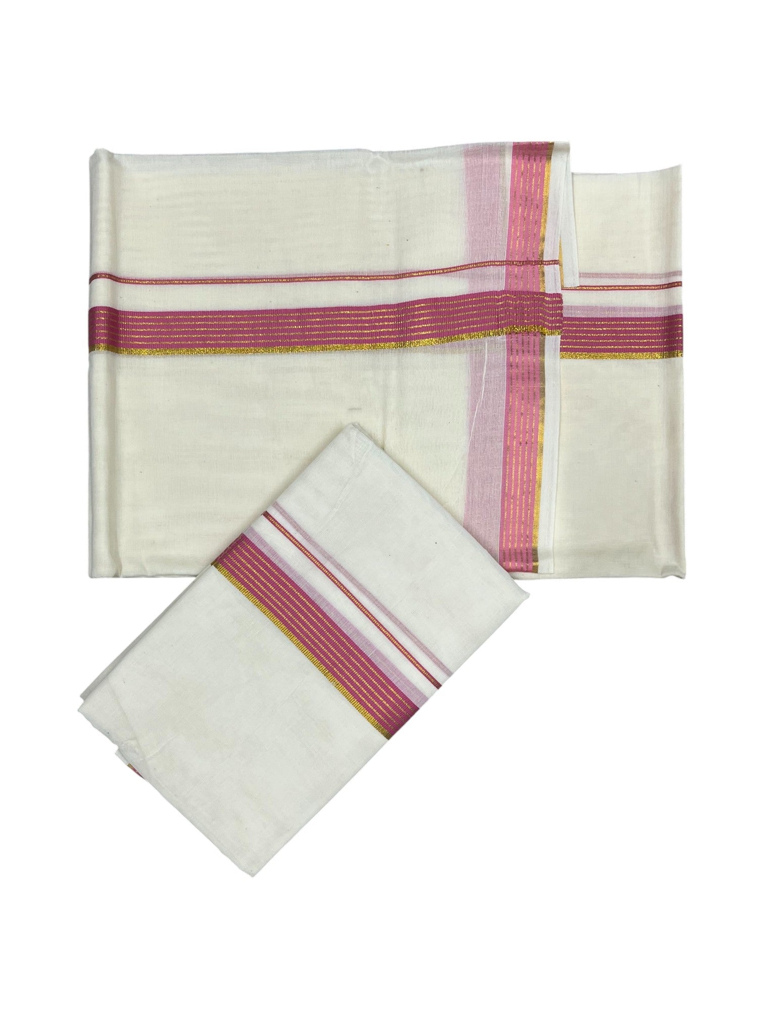 Pure Cotton Kerala Single Set Mundu with Pink Kasavu Border (2.80 Mtrs)