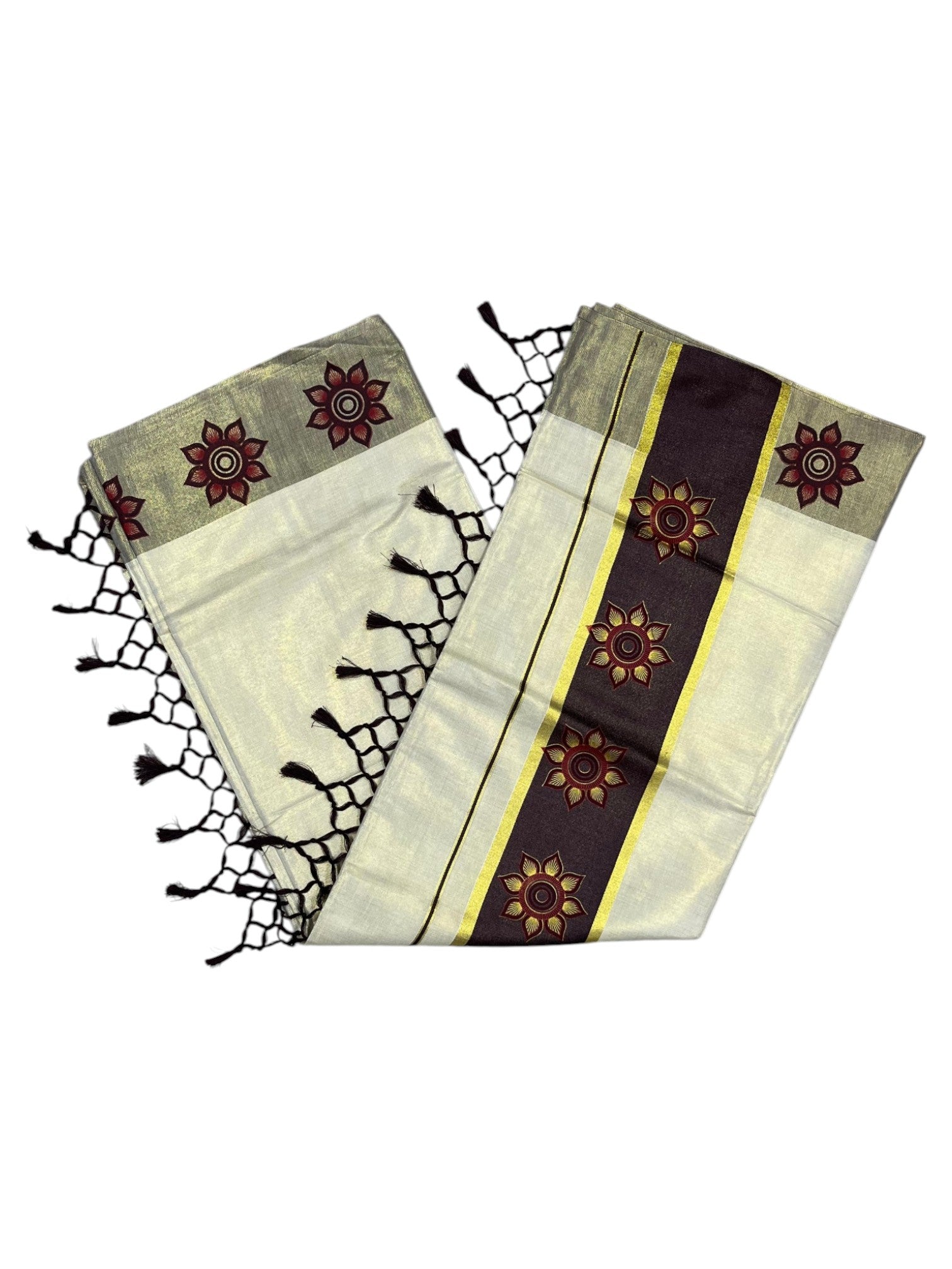 Southloom Kerala Tissue Kasavu Saree with Floral Block Prints in Brown Border Style 1