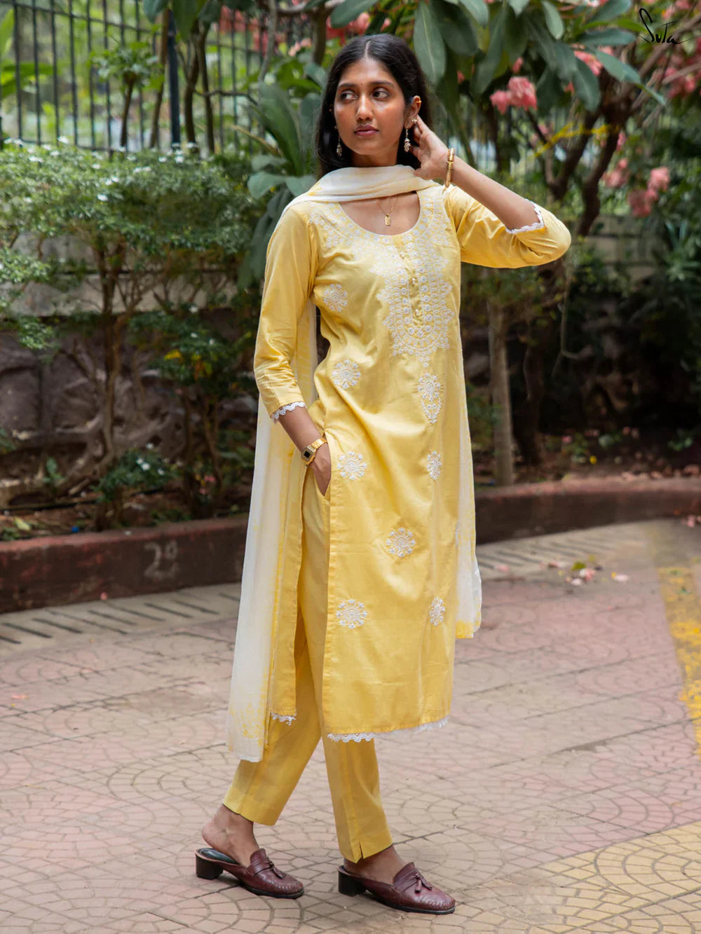 Yellow Cotton Kurta Set with Dupatta & White Detailing