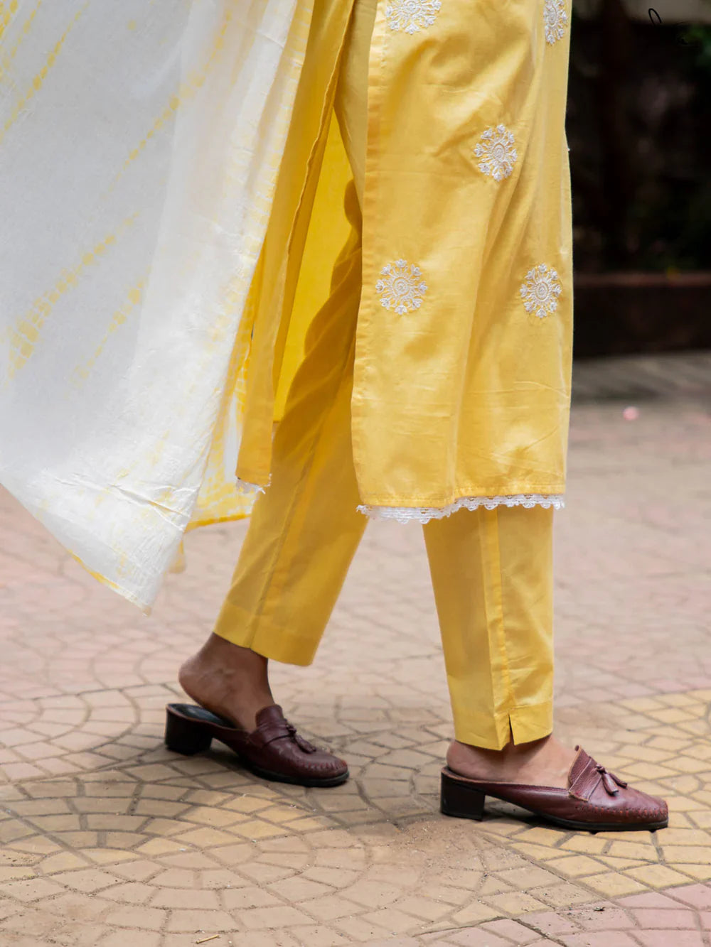 Yellow Cotton Kurta Set with Dupatta & White Detailing