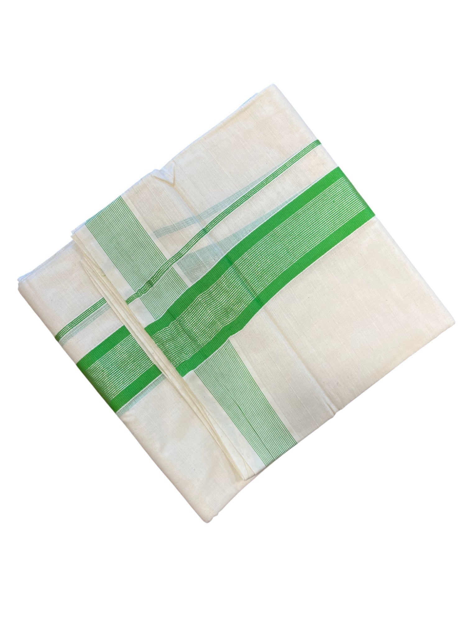 Southloom Kerala Pure Cotton Double Mundu Silver Lines Light Green Border