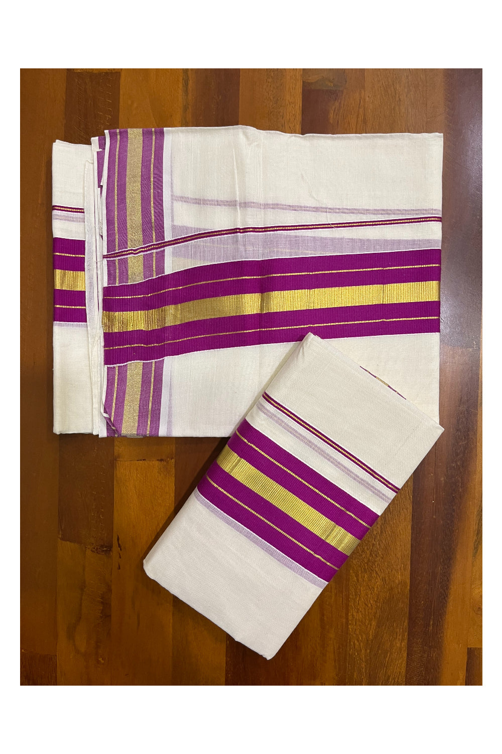 Kerala Cotton Set Mundu with Magenta and Kasavu Border (2.80 Mtrs)