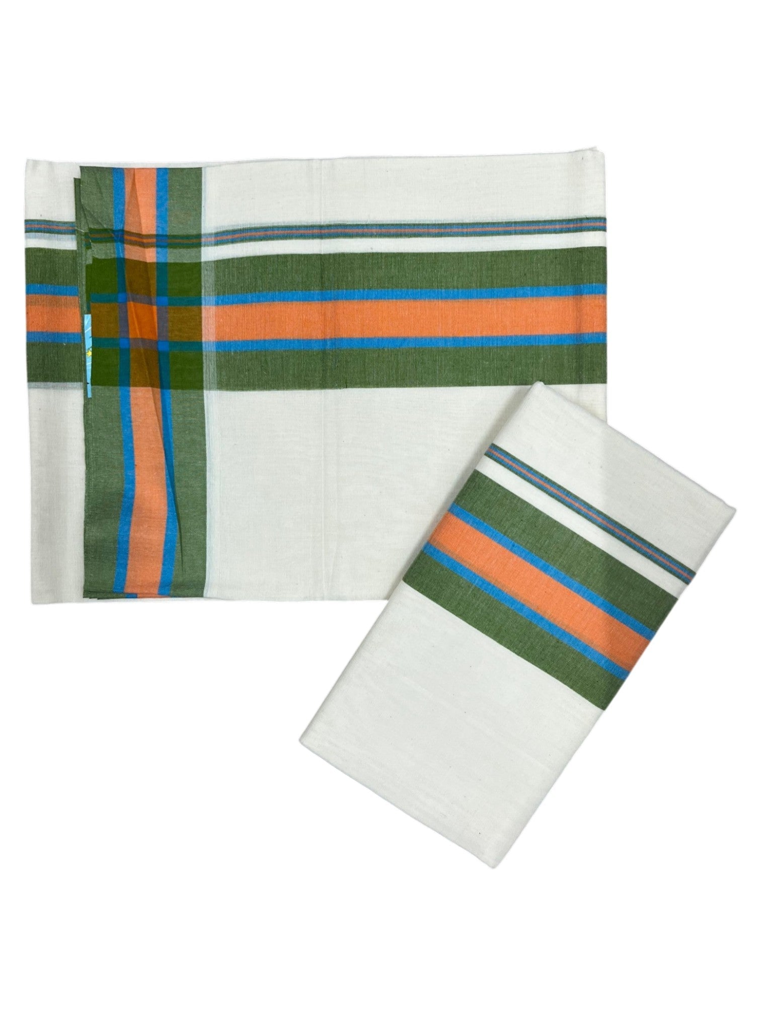 Southloom Pure Cotton Kerala Single Mulloth Set Mundu Orange And Green Border (2.80 Mtrs) SL243