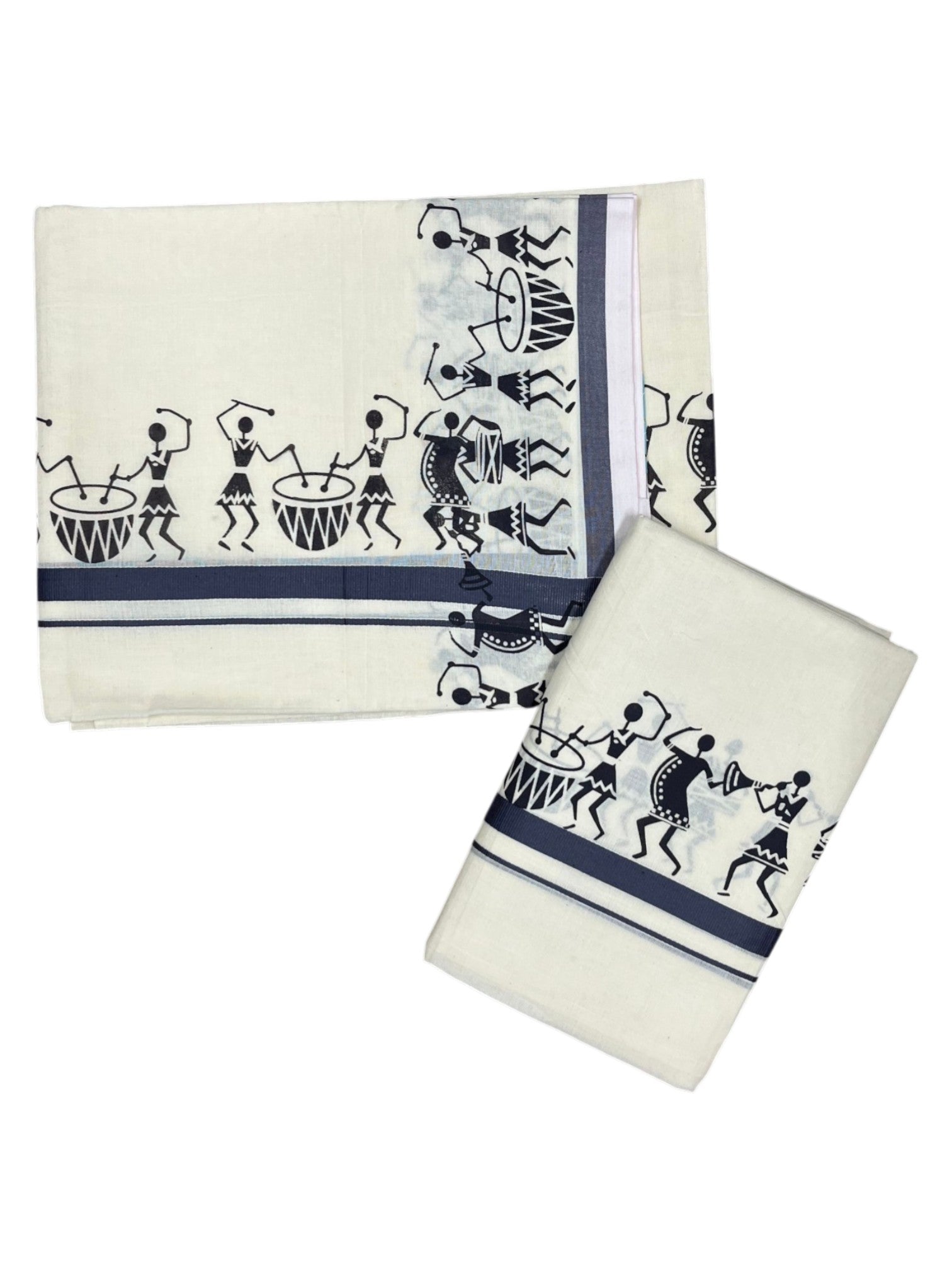 Southloom Pure Cotton Kerala Single Warly Print Set Mundu Grey Border (2.80 Mtrs) SL246