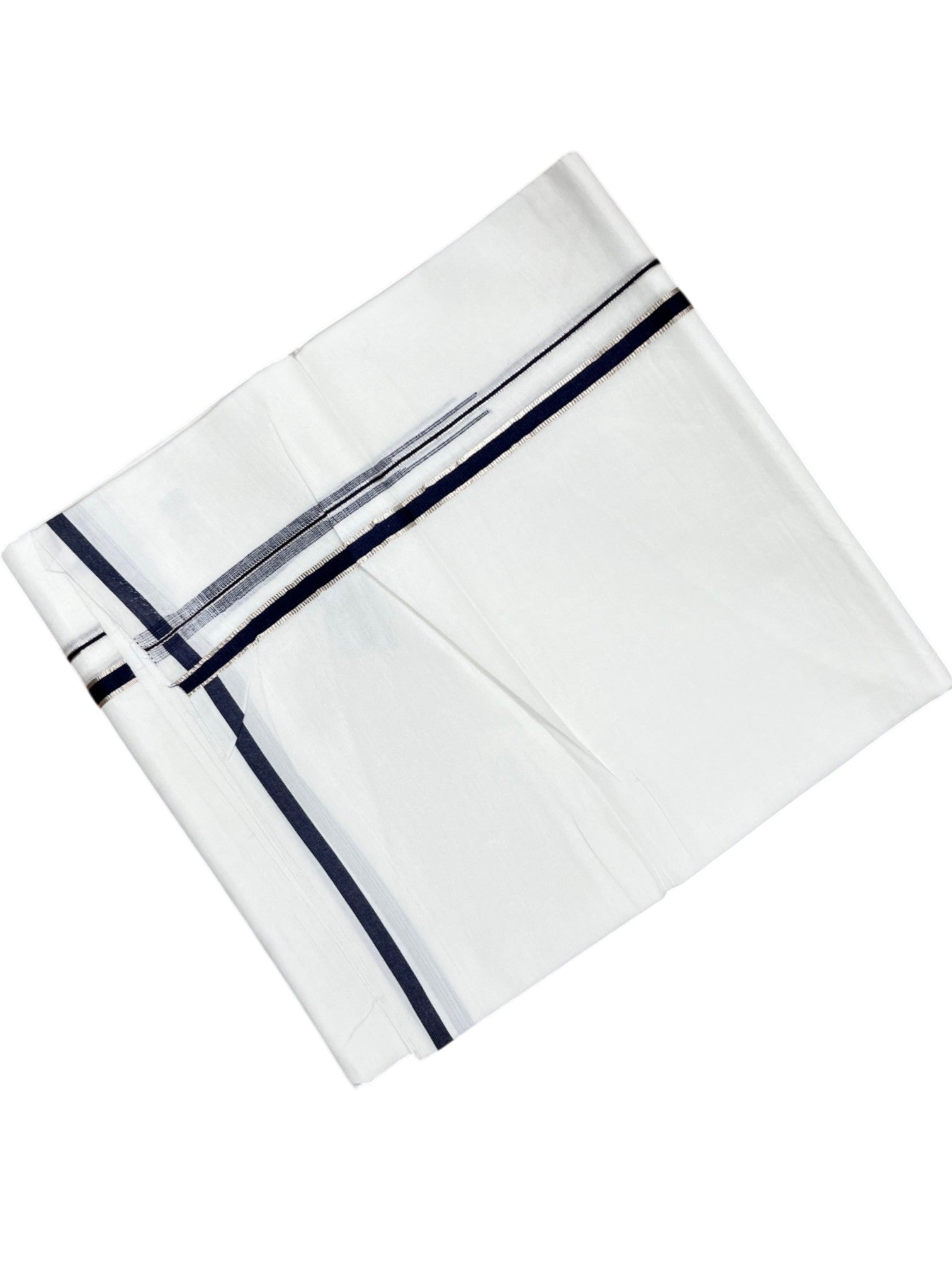 Southloom Premium Handloom Cotton Double Mundu with Silver and Blue Border