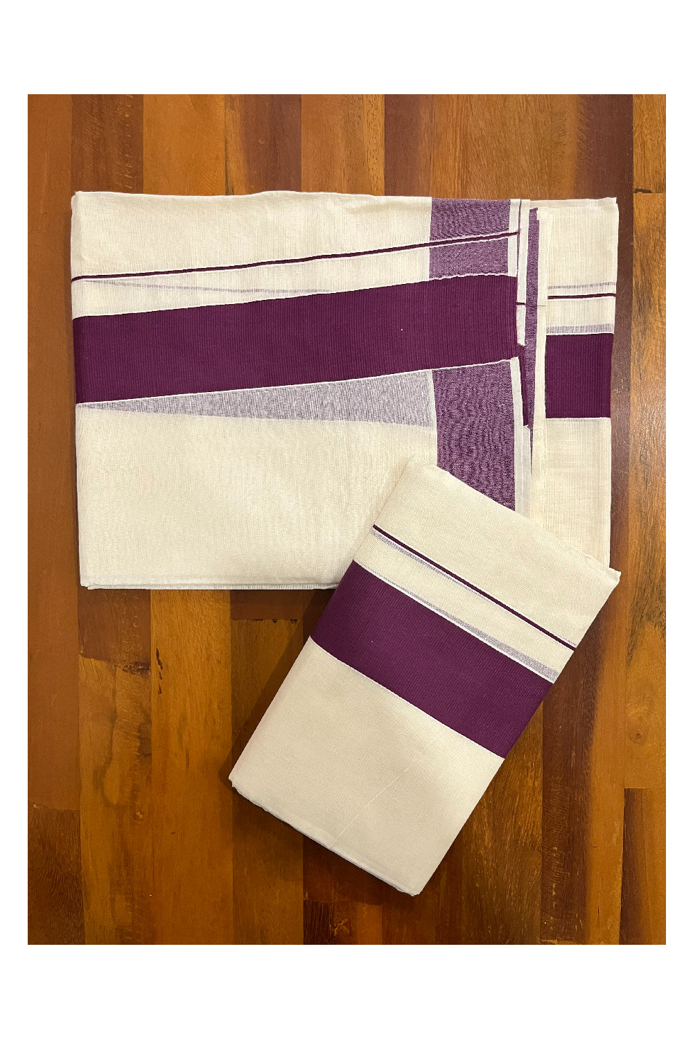 Kerala Cotton Mundum Neriyathum Single Set Mundu with Plain 2 inch Purple Kara Style 2