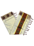 Southloom Kerala Tissue Kasavu Saree with Floral Block Prints in Brown Border Style 2