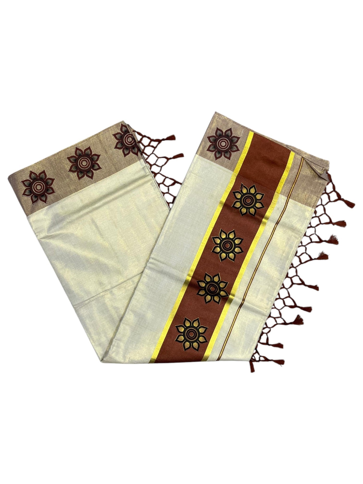 Southloom Kerala Tissue Kasavu Saree with Floral Block Prints in Brown Border Style 2