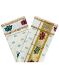 Southloom Cotton Kerala Kasavu Saree with Lotus Block Prints in Maroon and Green