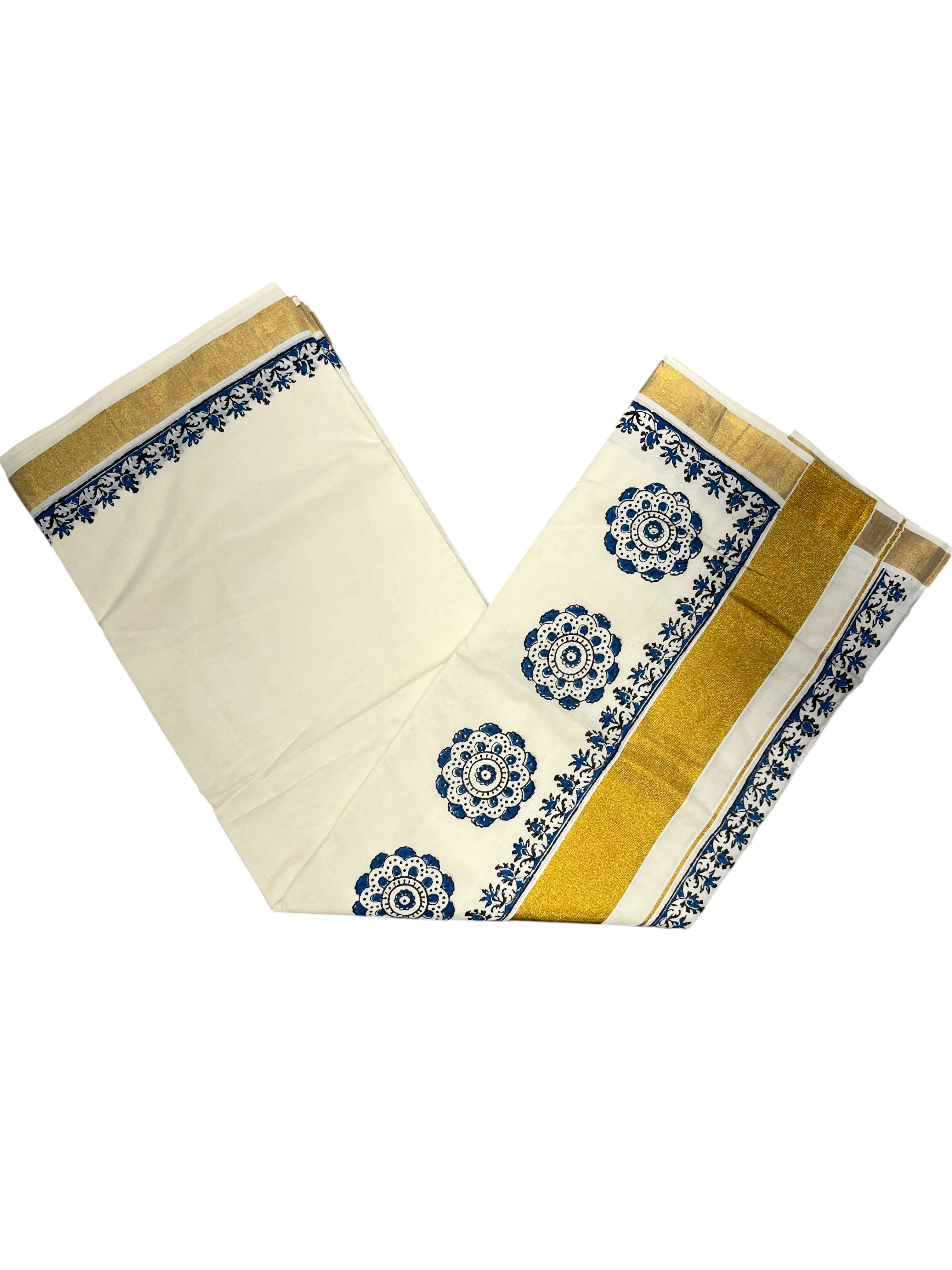 Southloom Cotton Kerala Kasavu Saree with Black and Blue Block Prints Style 2