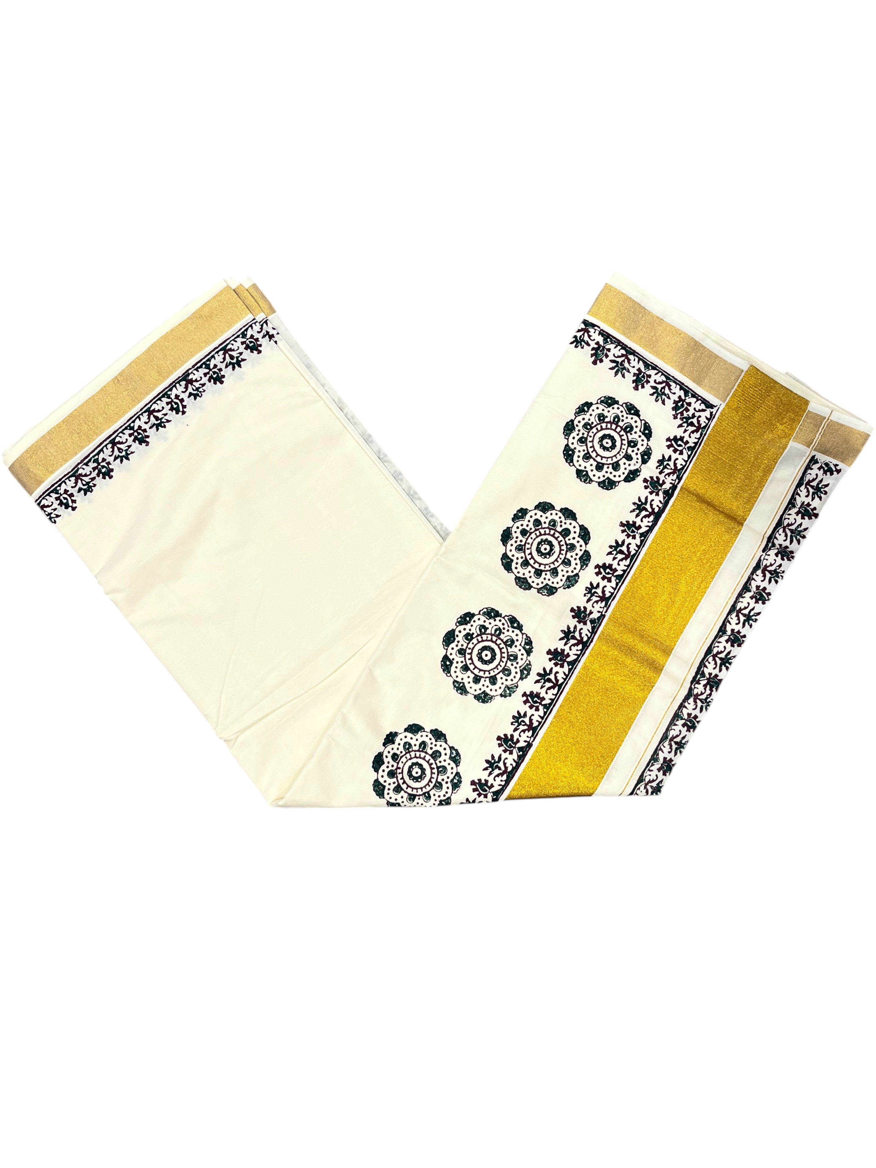 Southloom Saffron Kaavi Green Printed Single Mundu Lungi Style 2