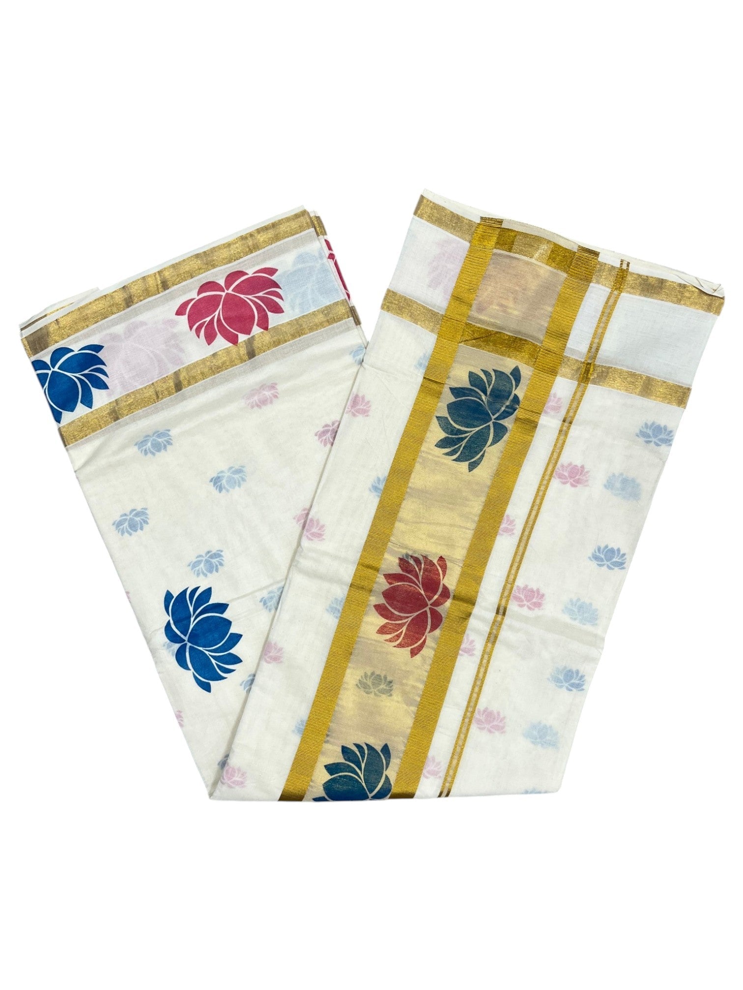 Southloom Cotton Kerala Kasavu Saree with Lotus Block Prints in Blue and Pink