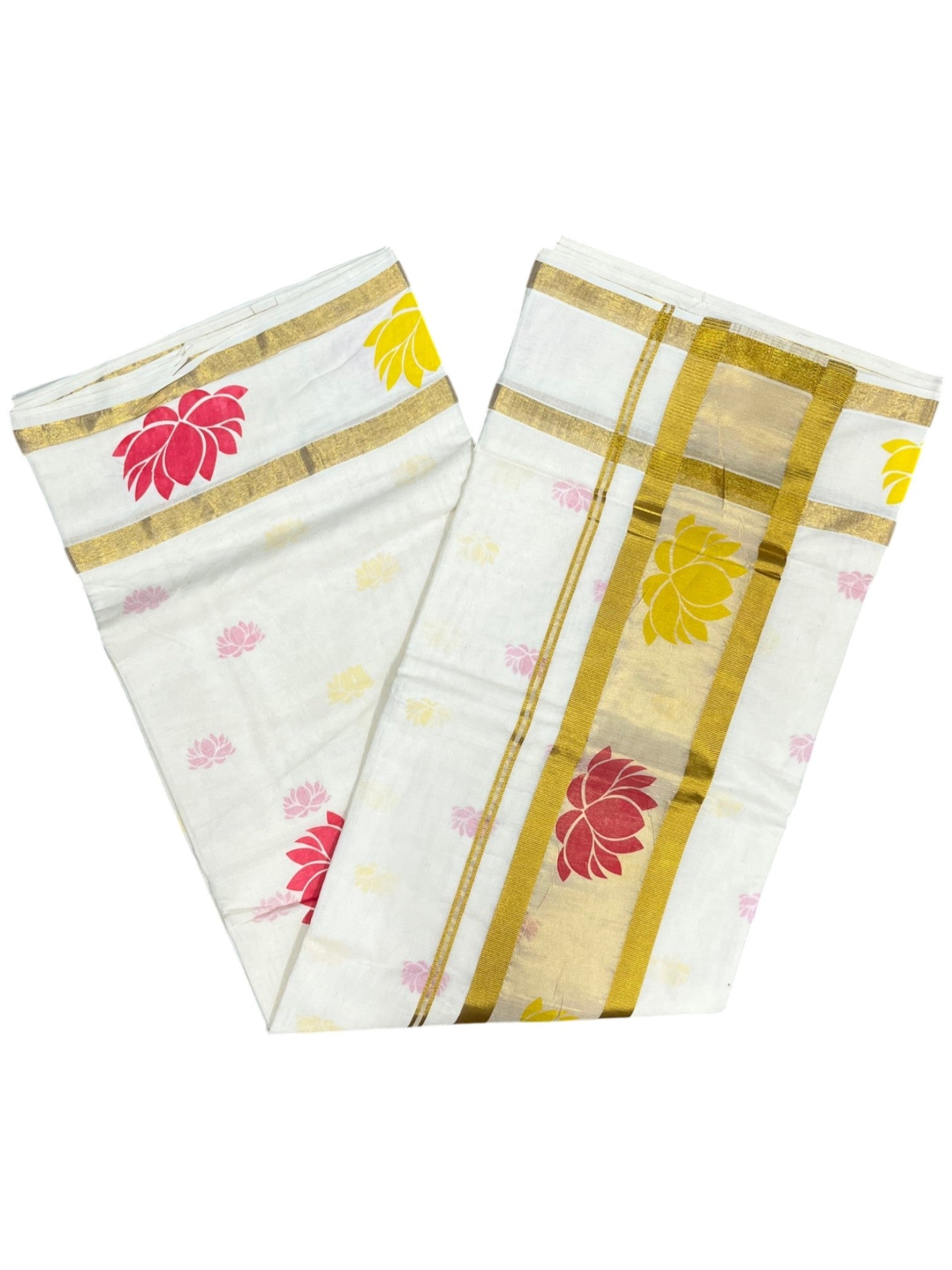 Southloom Cotton Kerala Kasavu Saree with Lotus Block Prints in Yellow and Pink