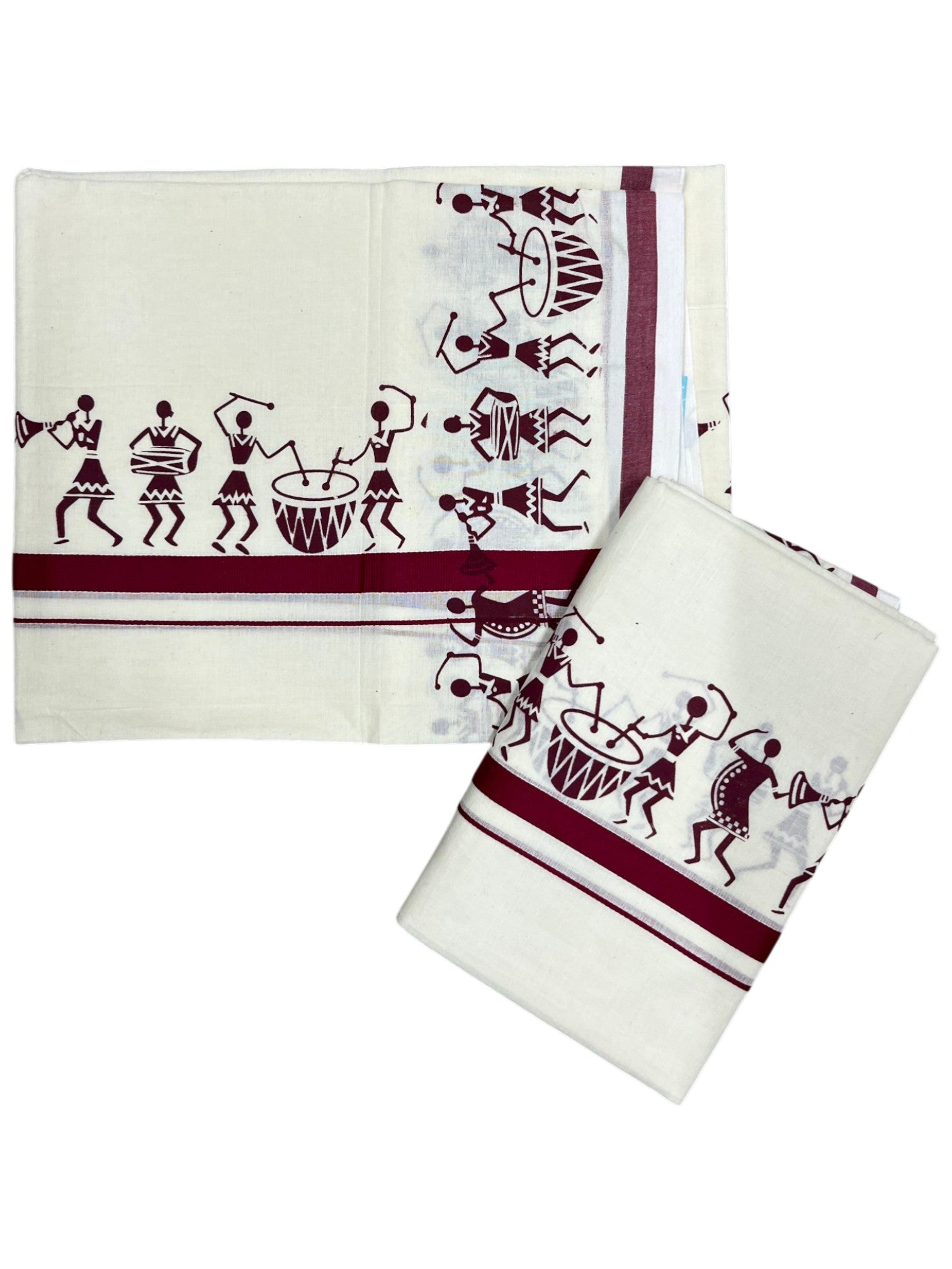 Southloom Pure Cotton Kerala Single Warly Print Set Mundu Maroon Border (2.80 Mtrs) SL246