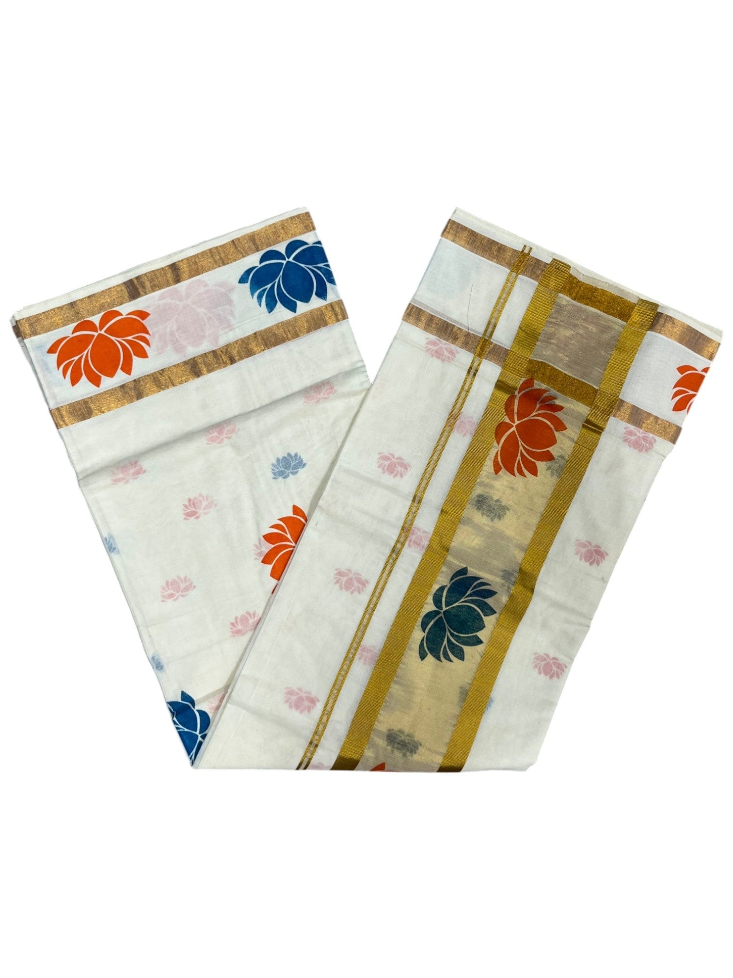 Southloom Cotton Kerala Kasavu Saree with Lotus Block Prints in Blue and Orange