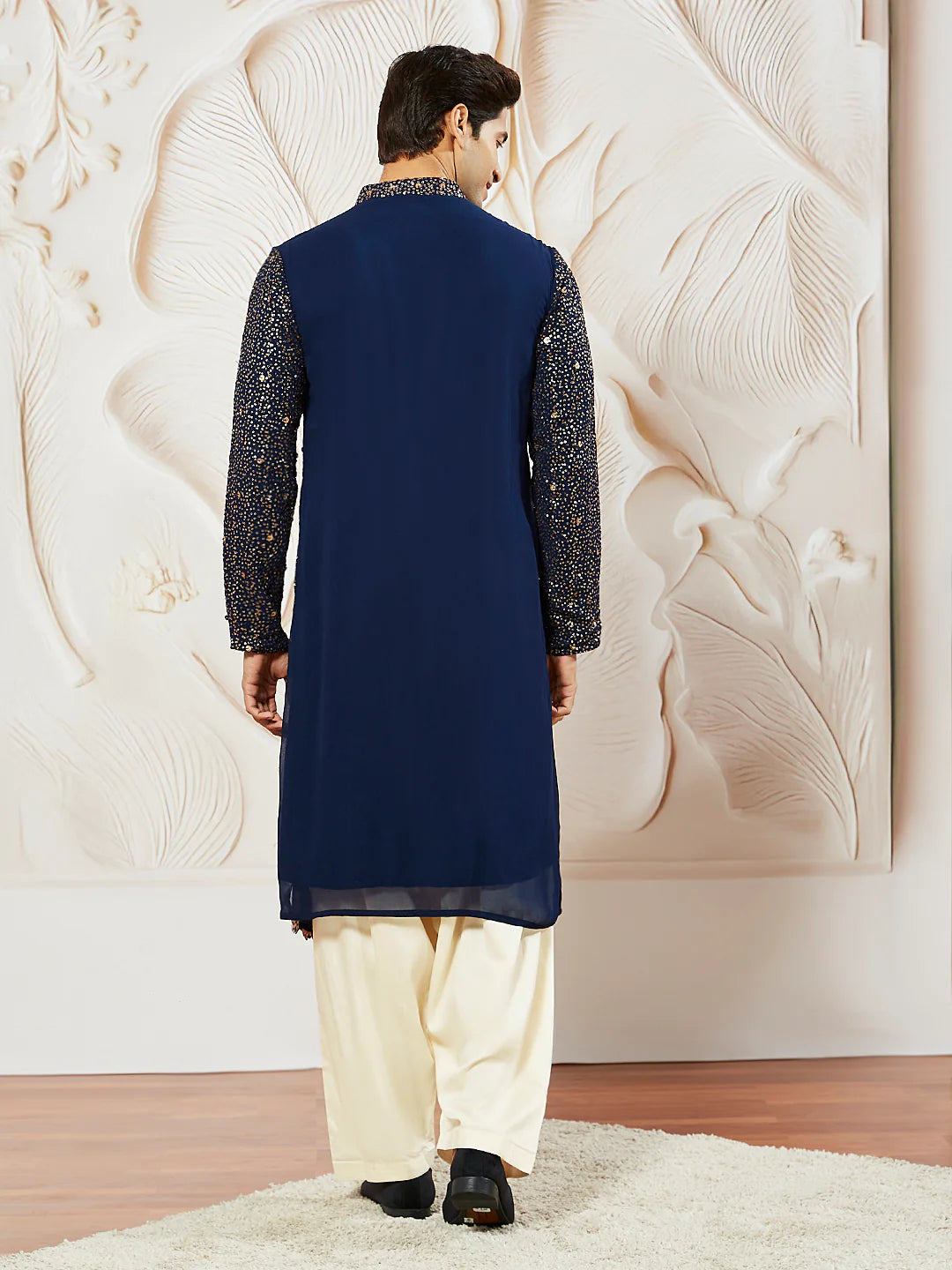Men's Navy Blue Georgette Zari With Sequins Worked Kurta Patiala Set