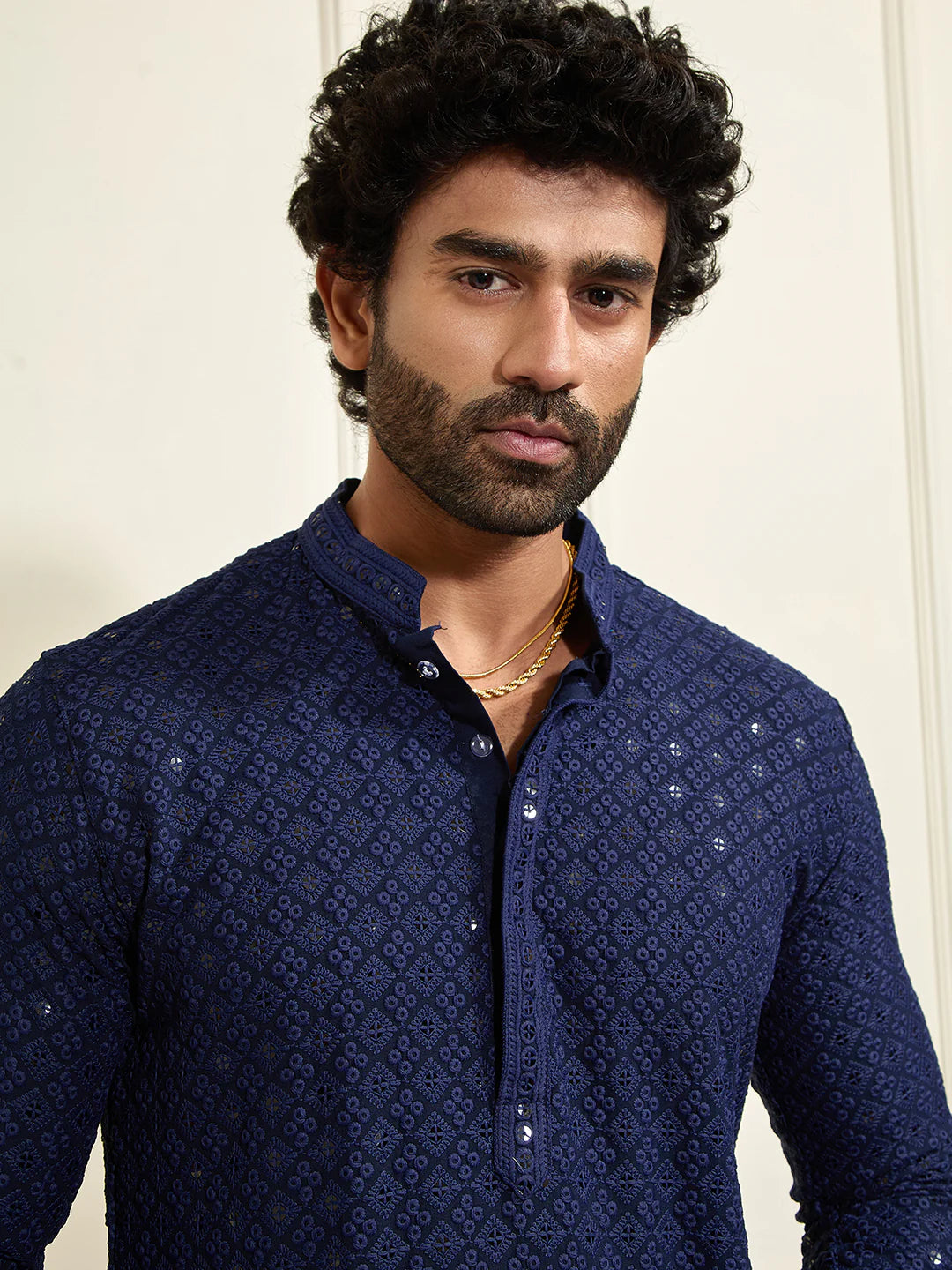 Men's Navy Blue Rayon Cotton Kurta And Mundu Set