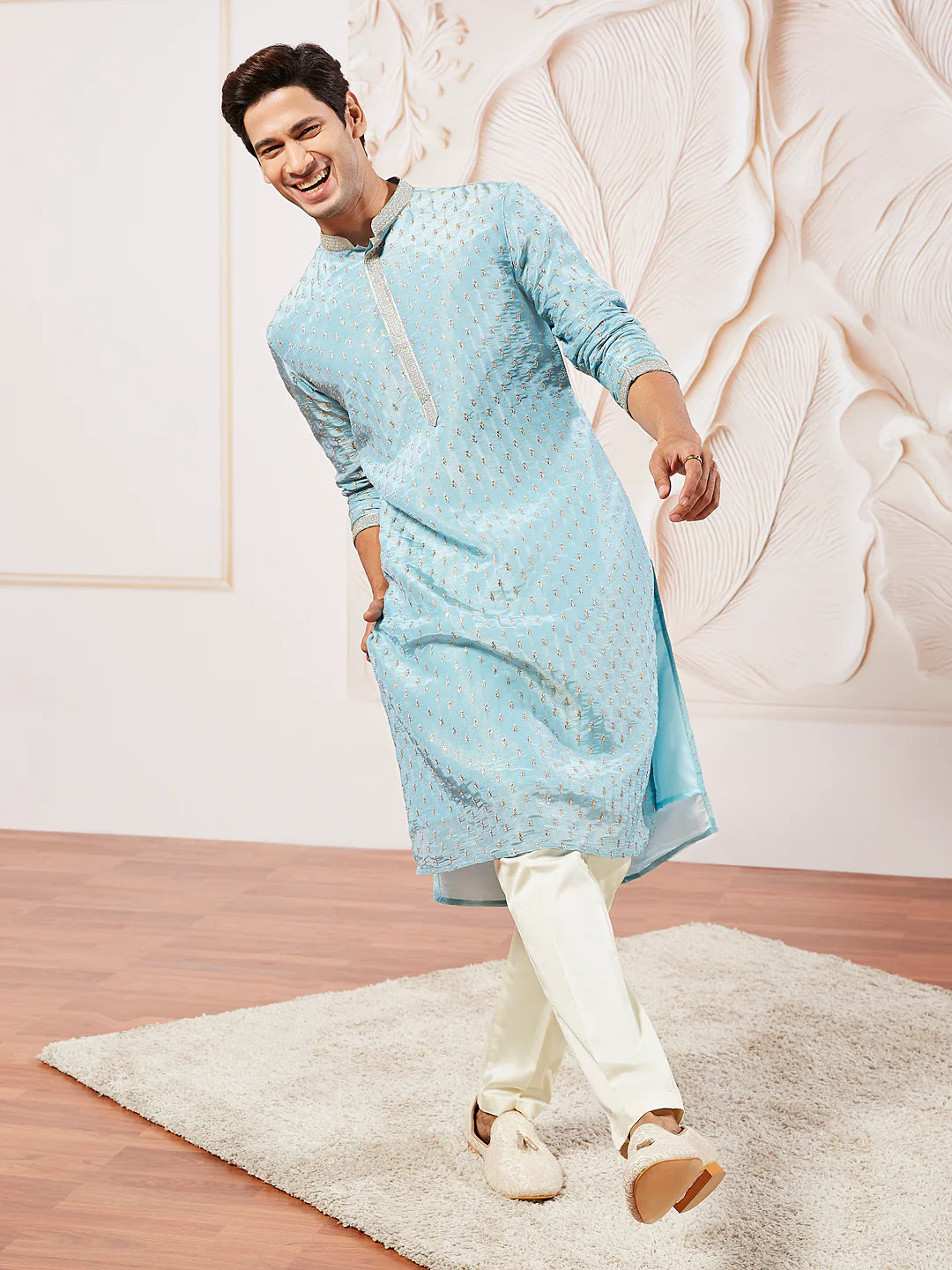 Men's Aqua Tissue Silk Kurta Pyjama Set