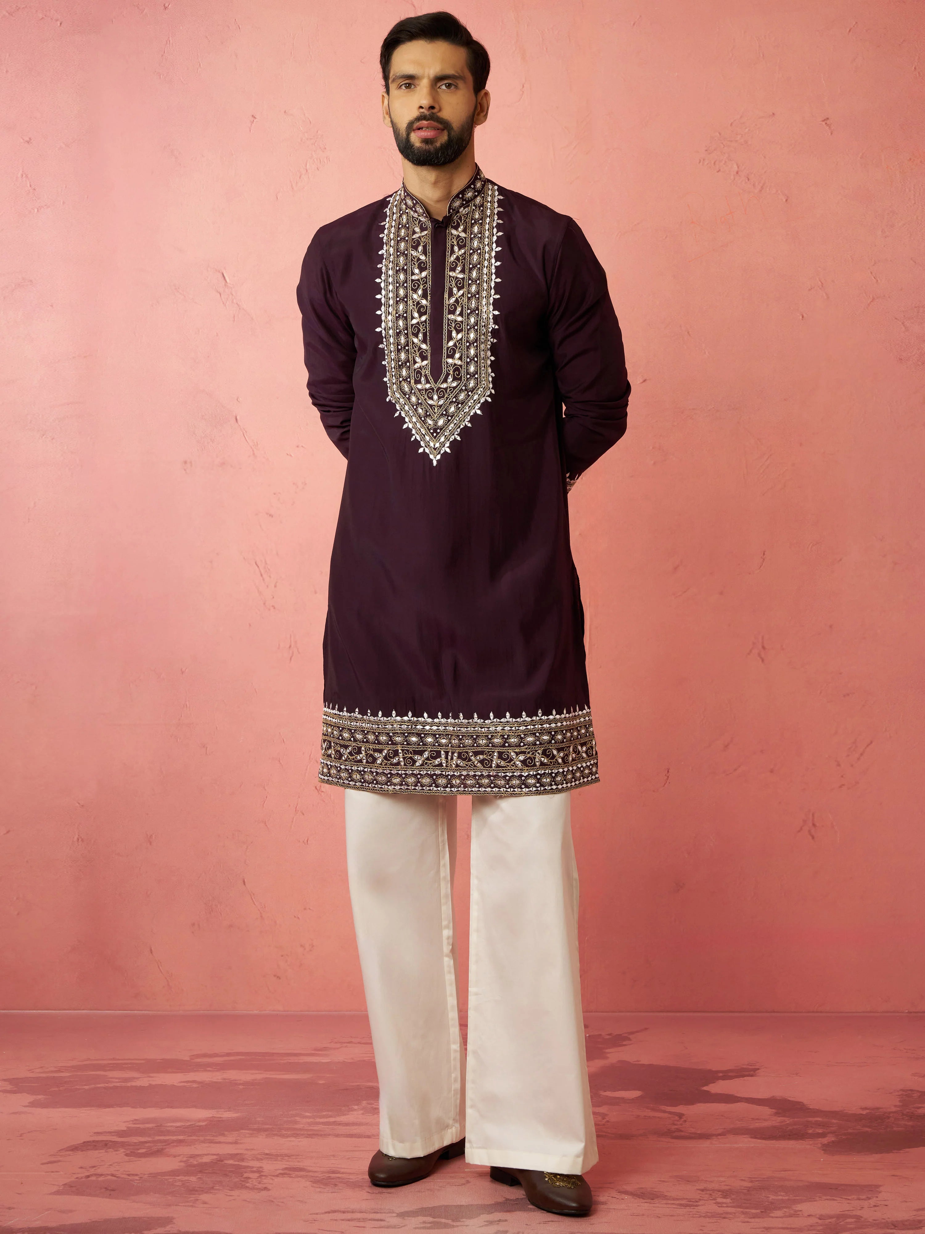 Men's Purple Chanderi Kurta Set with Cream Pant