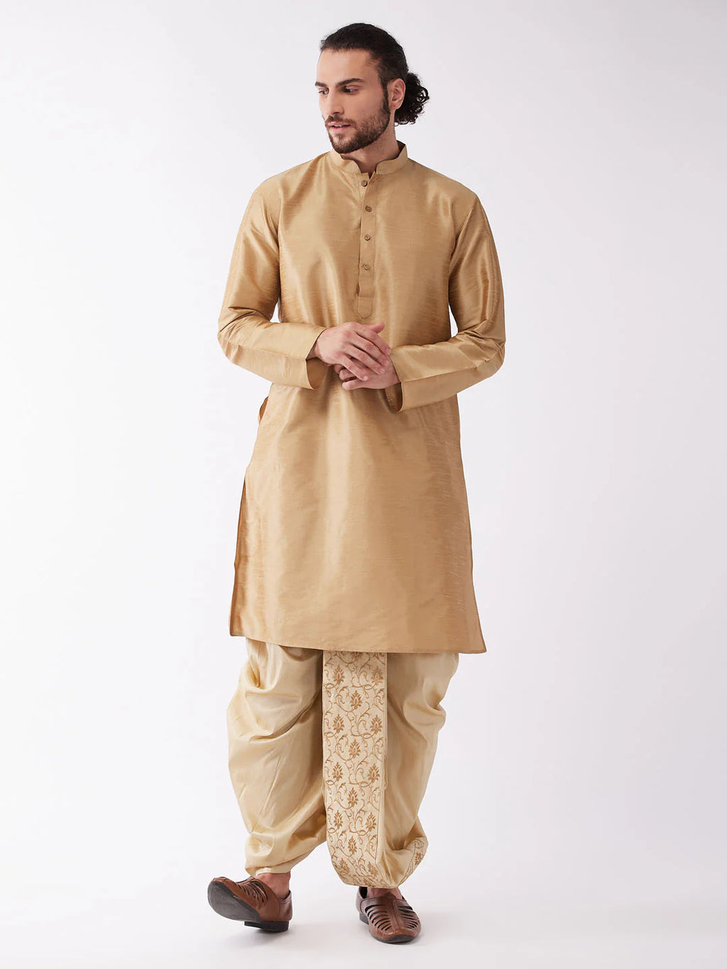 Men's Rose Gold And Gold Silk Blend Kurta And Dhoti Set