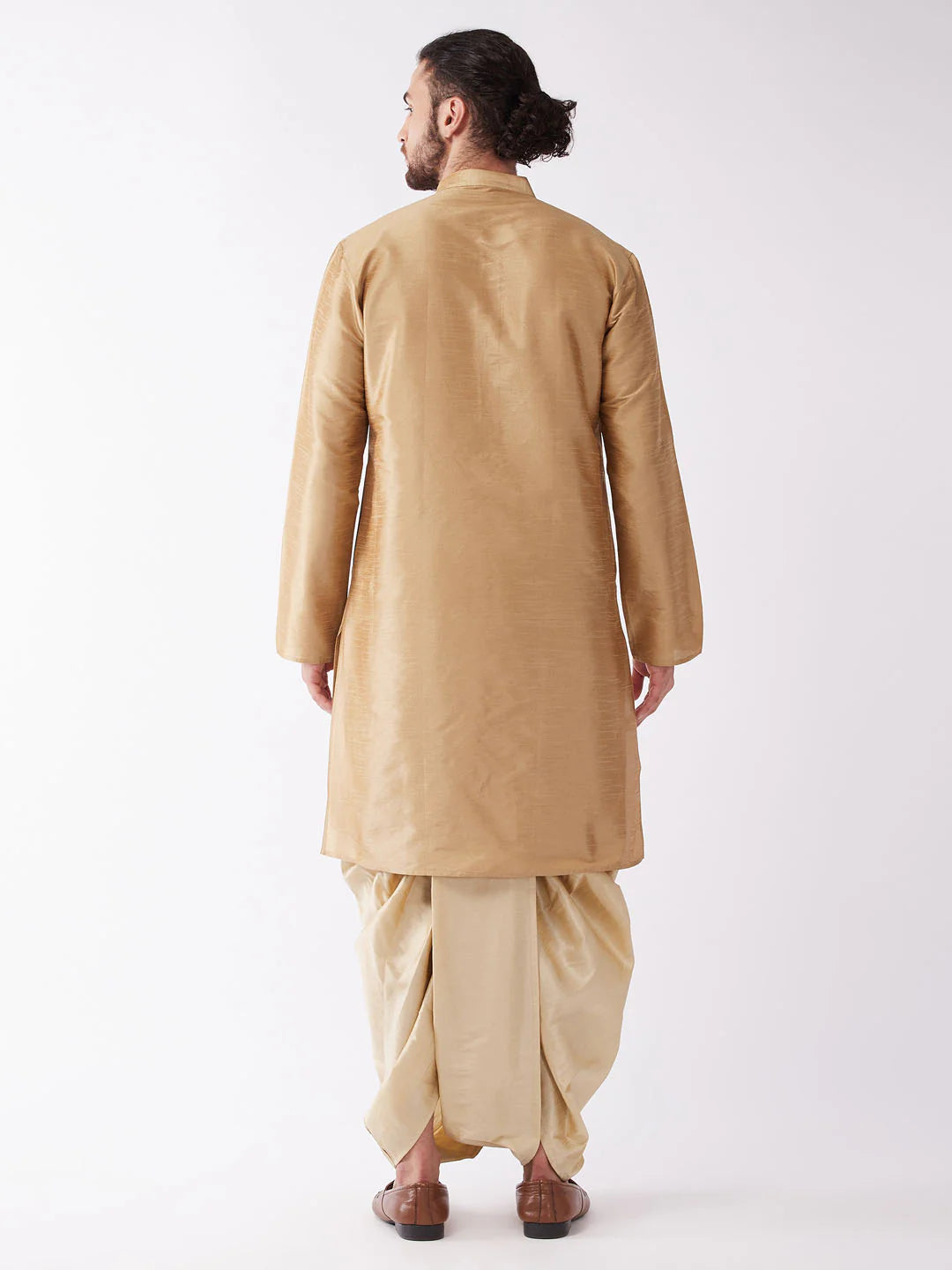 Men's Rose Gold And Gold Silk Blend Kurta And Dhoti Set