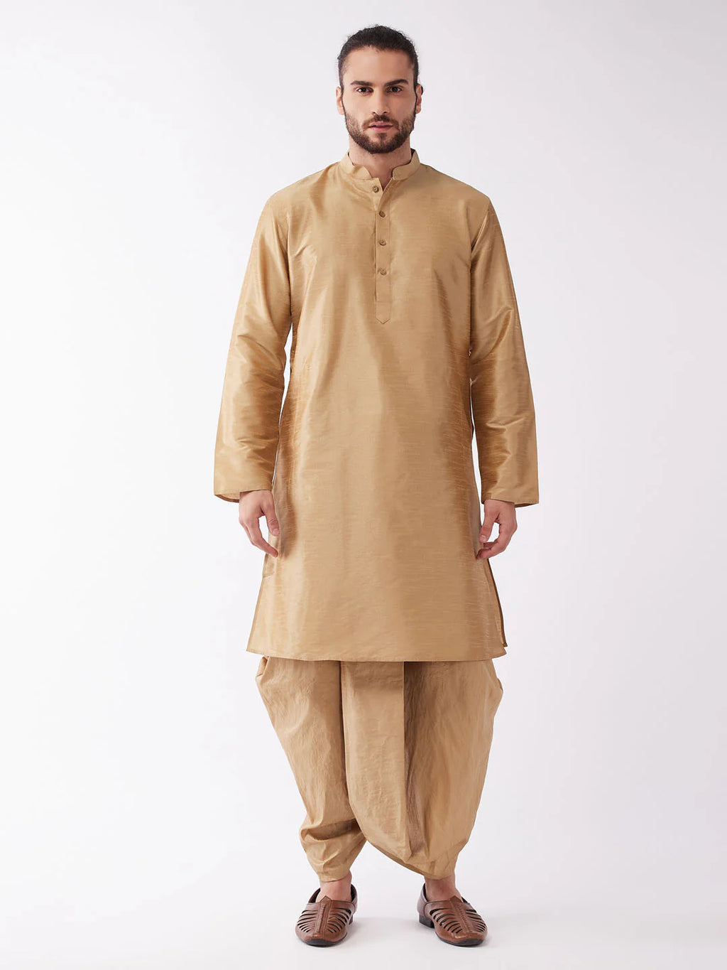 Men's Rose Gold Solid Silk Blend Kurta And Dhoti