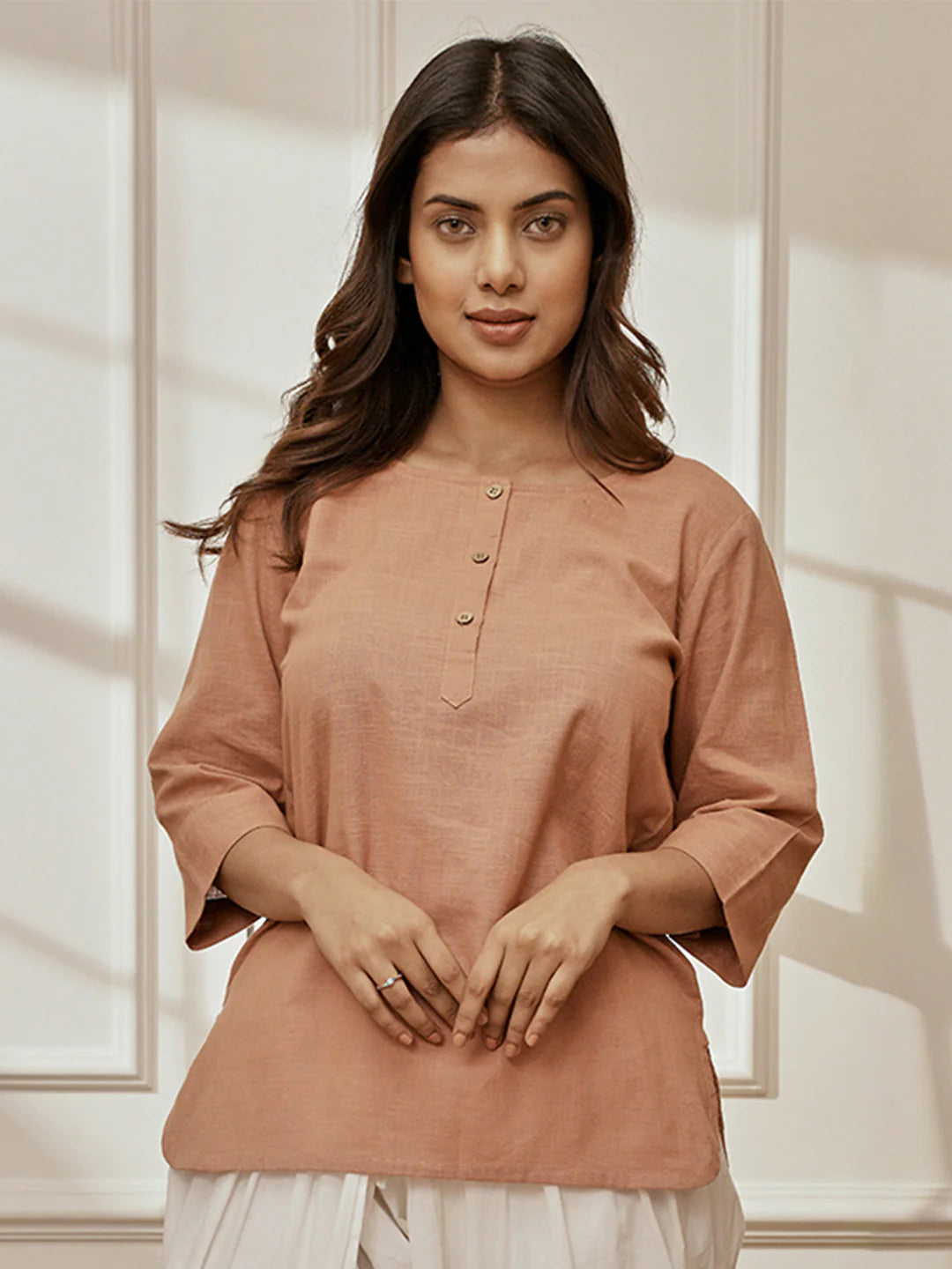 Women Rose Pink Cotton Linen Round Neck Yoga Kurta