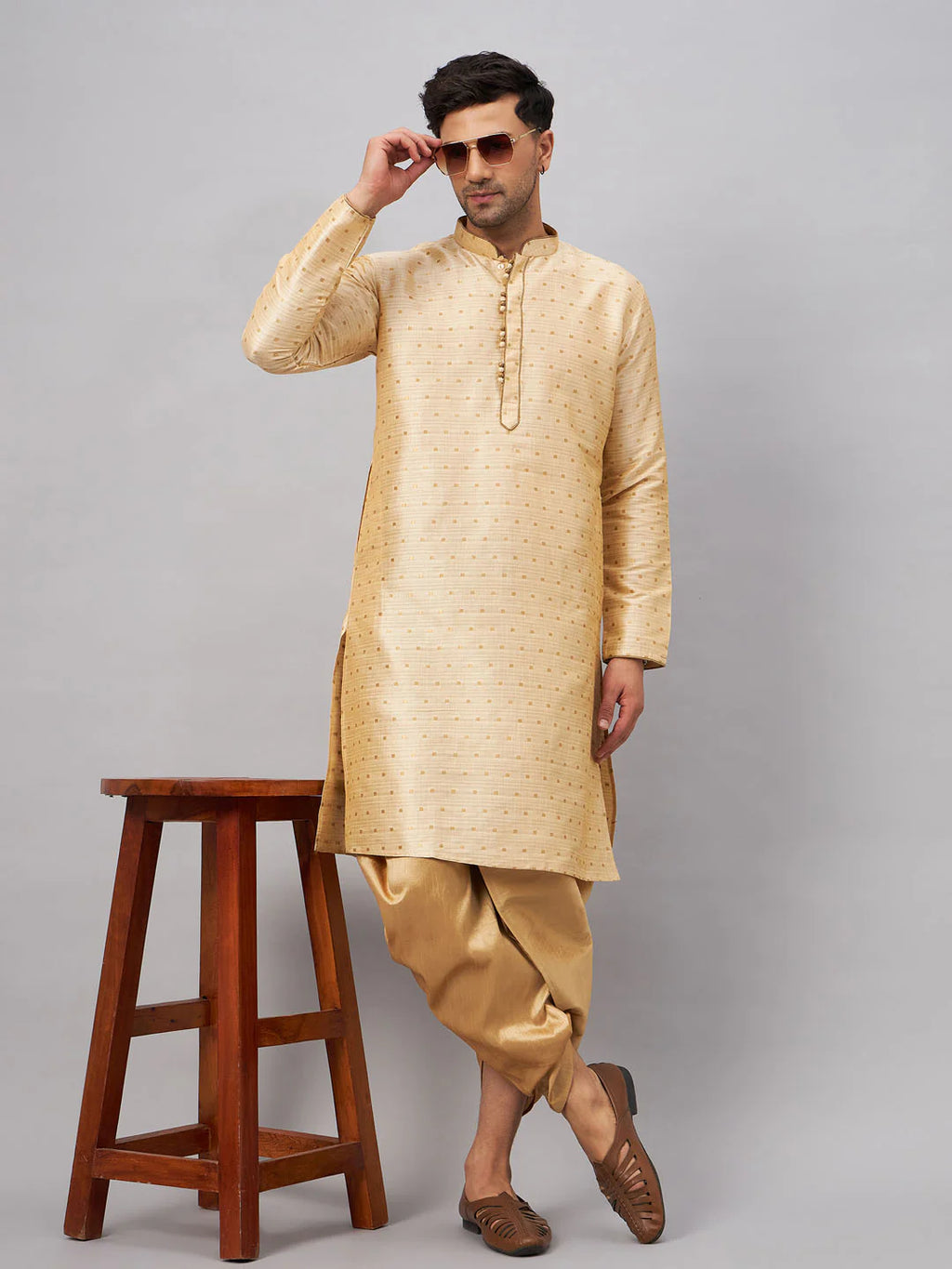 Men's Gold Zari Weaved Kurta Dhoti Set