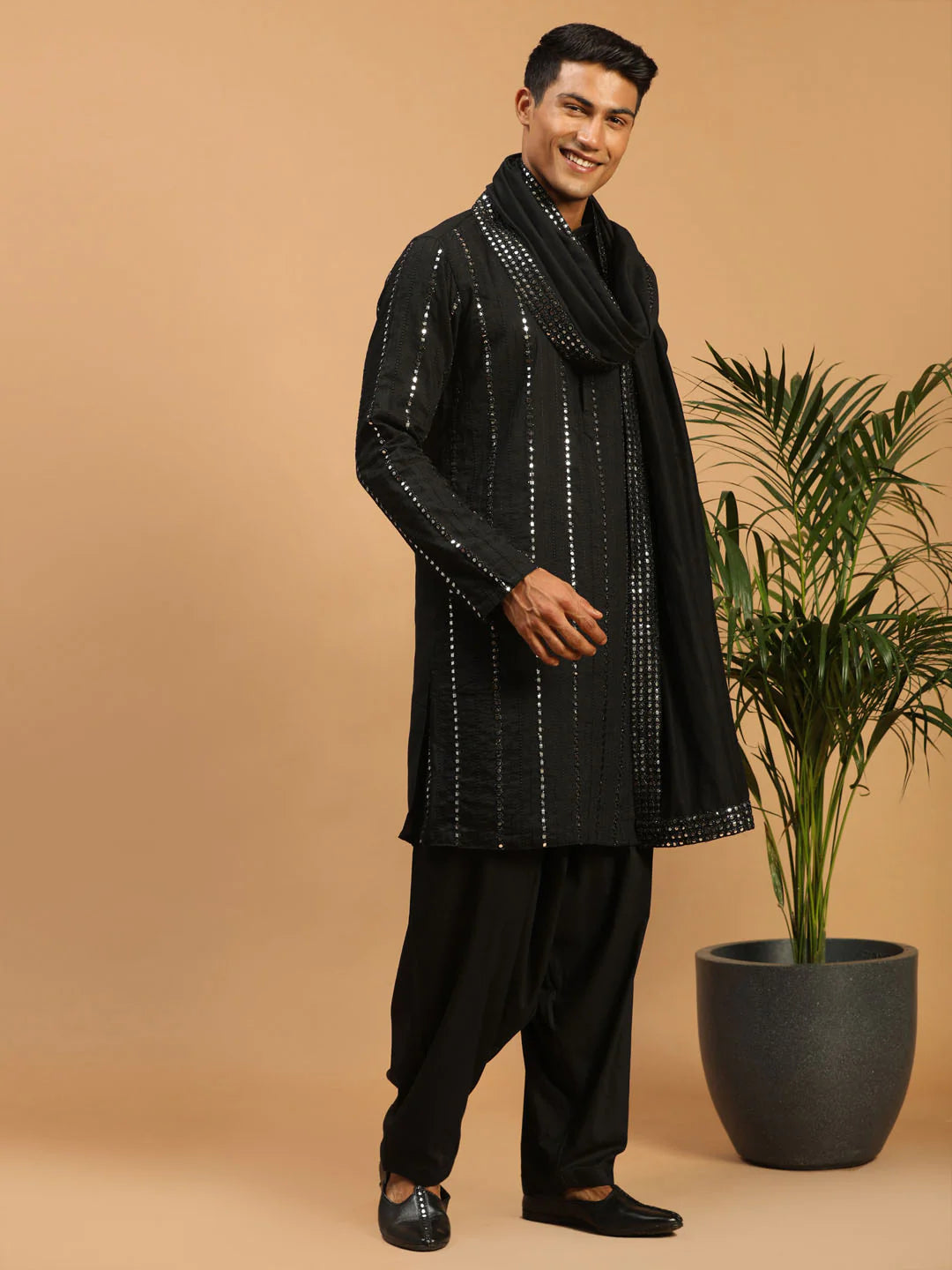 Men's Black Mirror Kurta Patiala And Dupatta Set