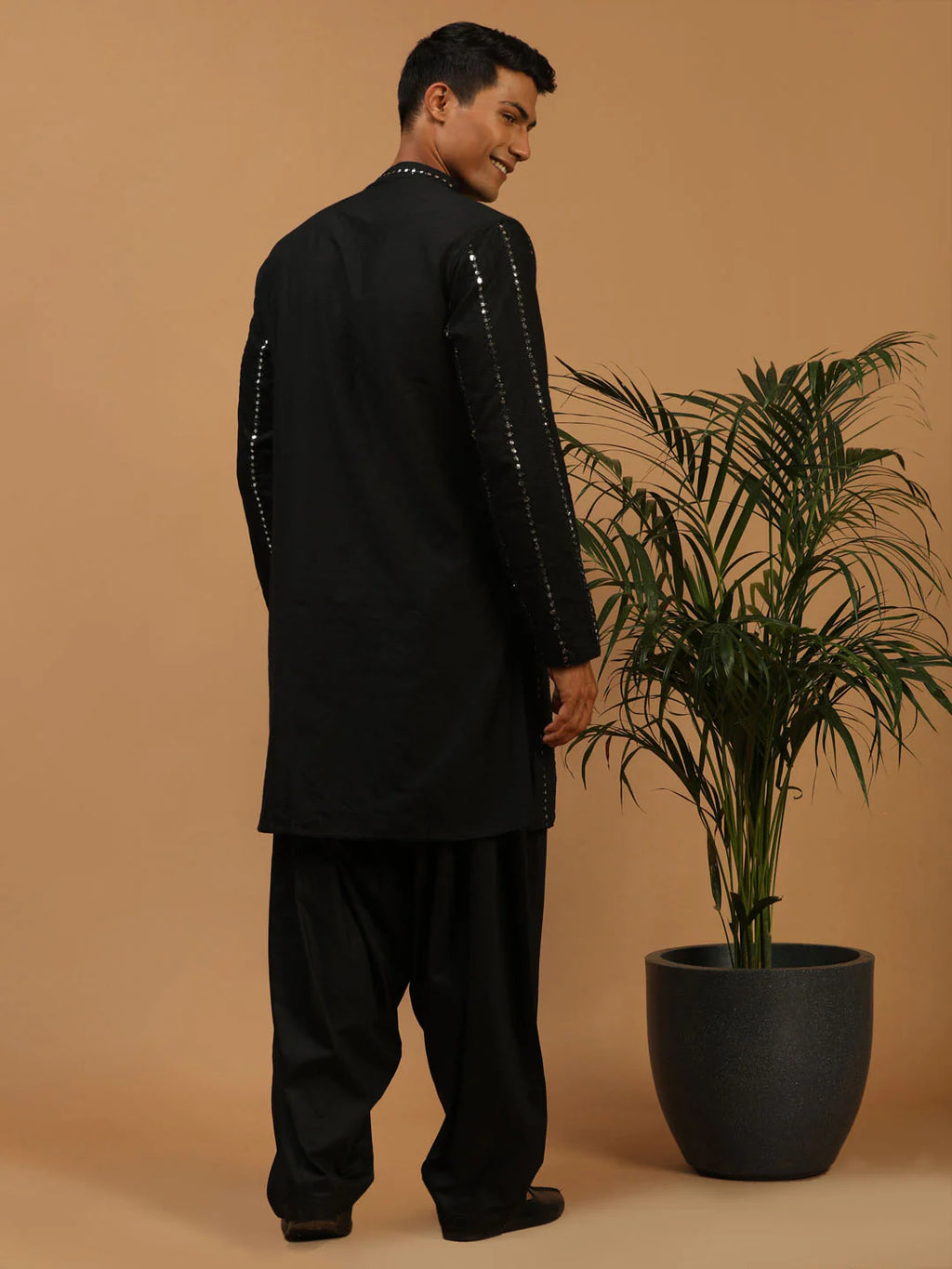Men's Black Mirror Kurta Patiala And Dupatta Set