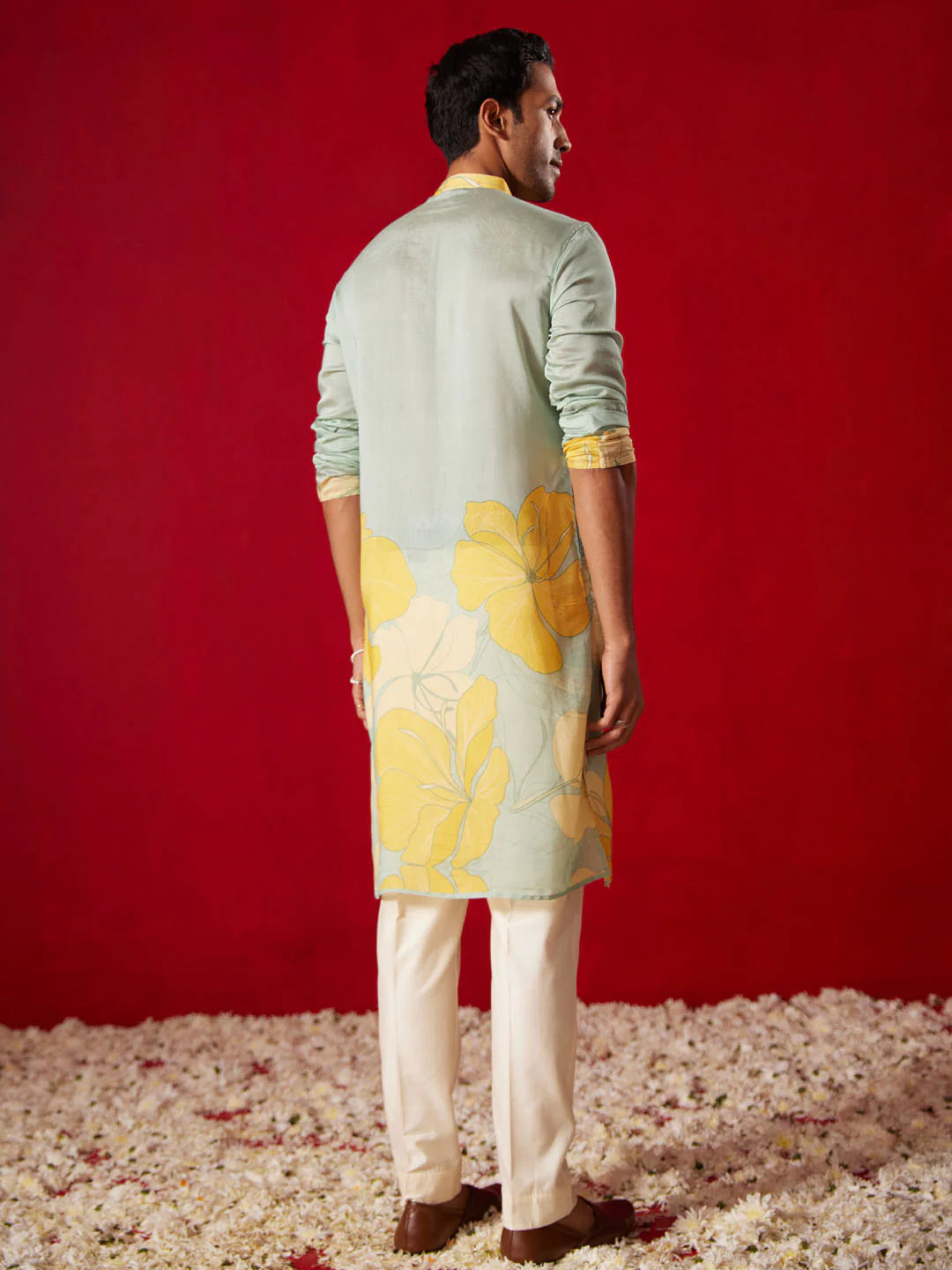 Men's Multicolor Base Yellow Cotton Printed Kurta Pant Set